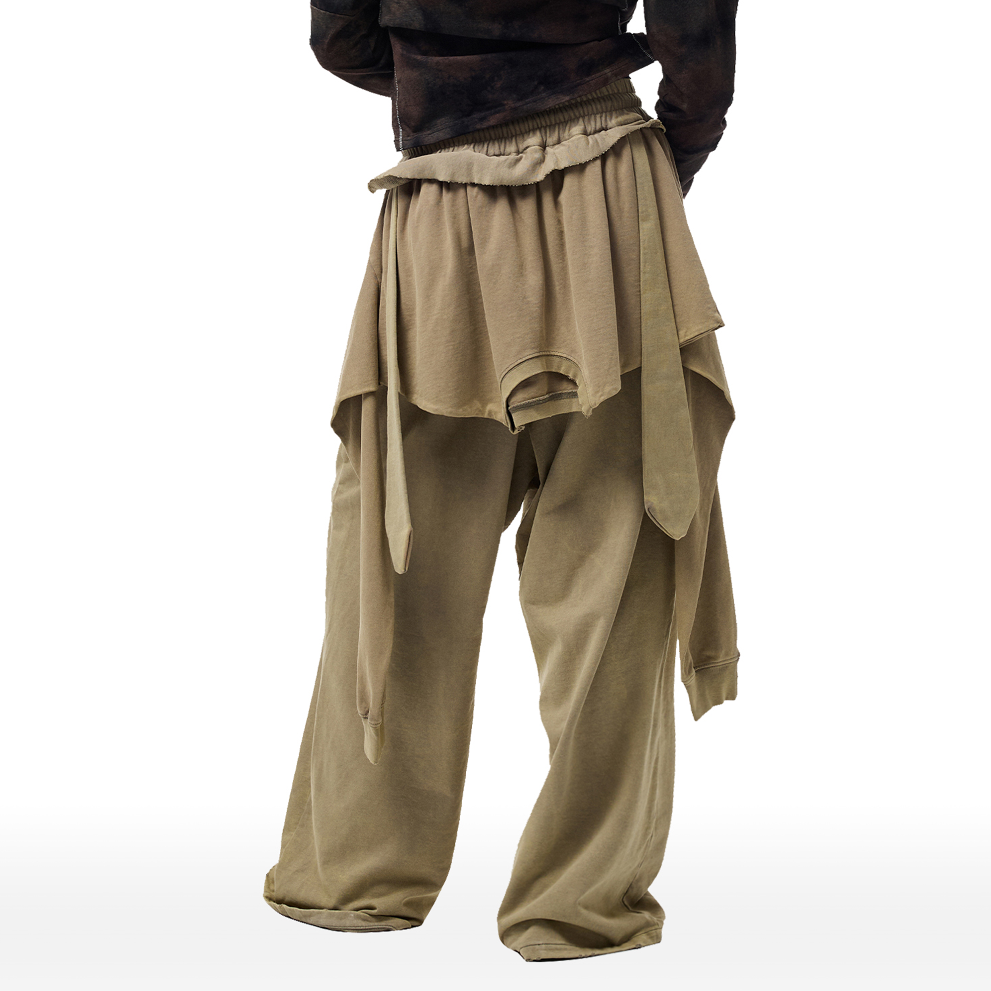 CYCYCY Layered Raw Edge Wide-Leg Sweatpants Khaki