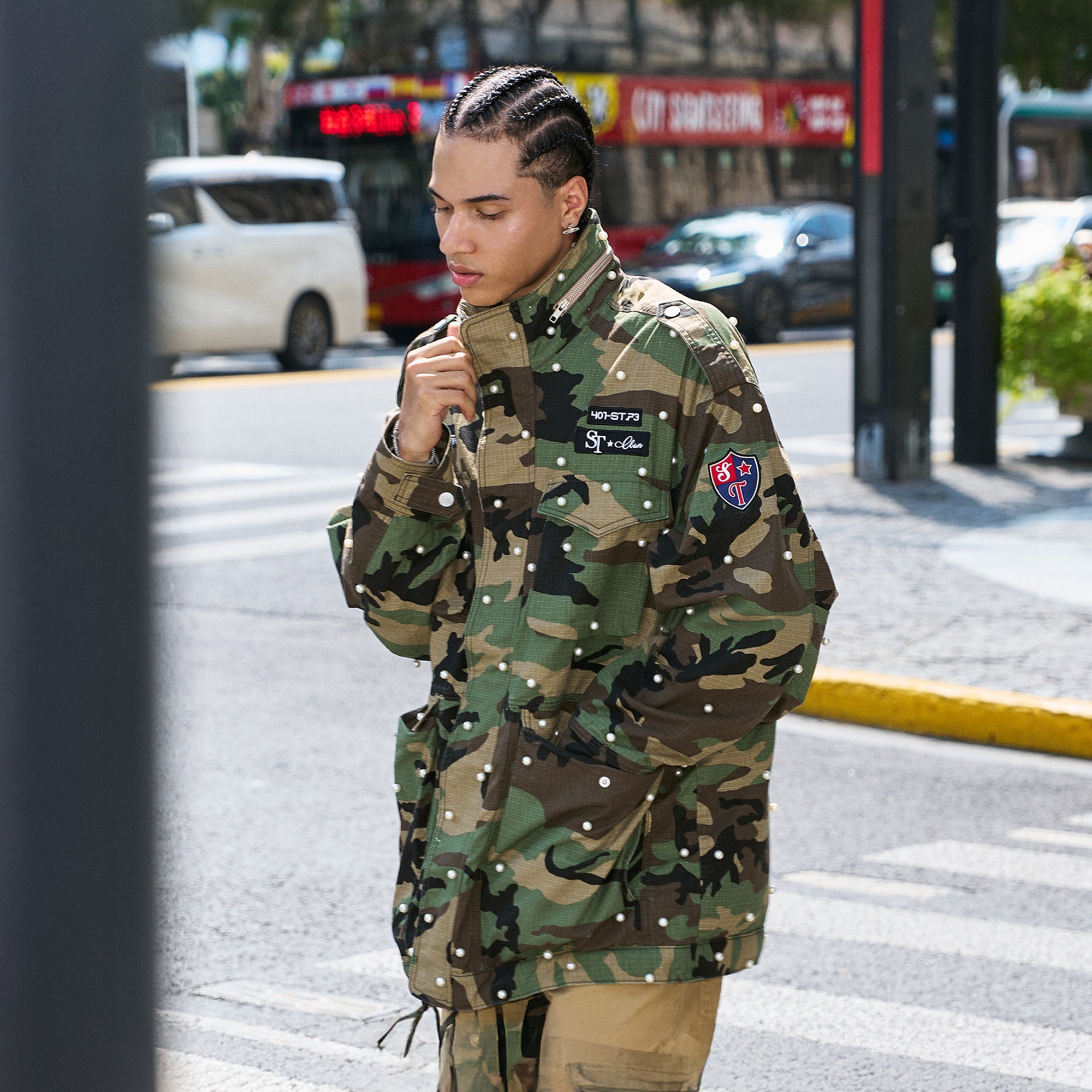 STEEPC Camo Pearl-Studded Patch Utility Jacket