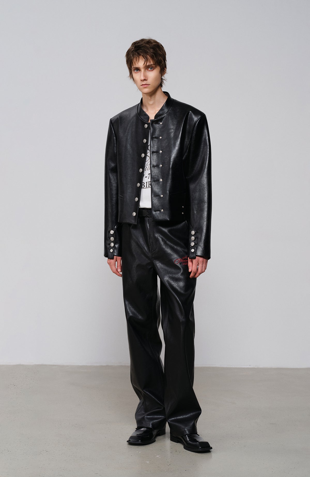 FACEONLAB Embroidered Straight-Leg Faux Leather Pants