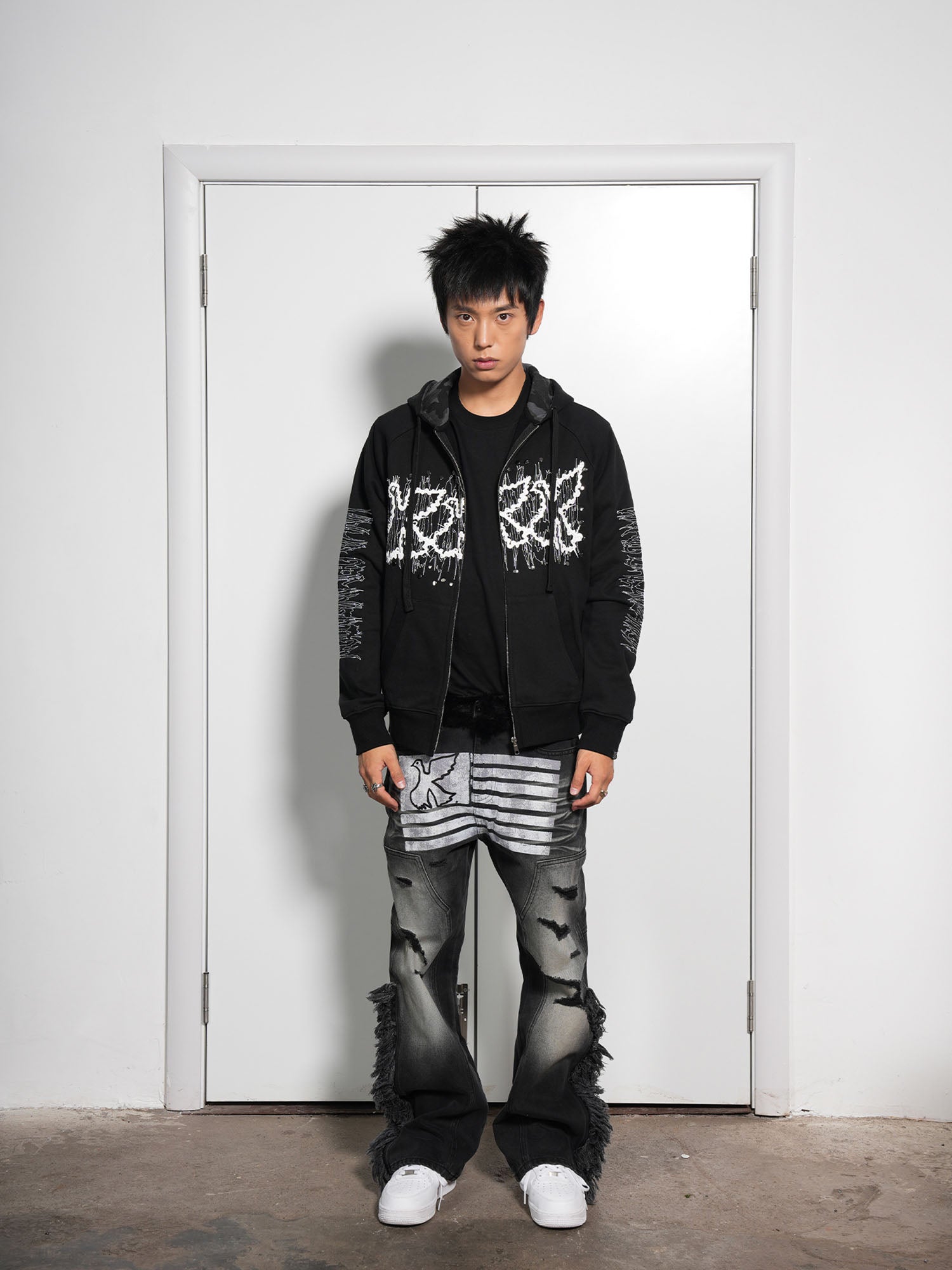 VINKID Dove Patch Chaos Stitch Zip-Up Hoodie