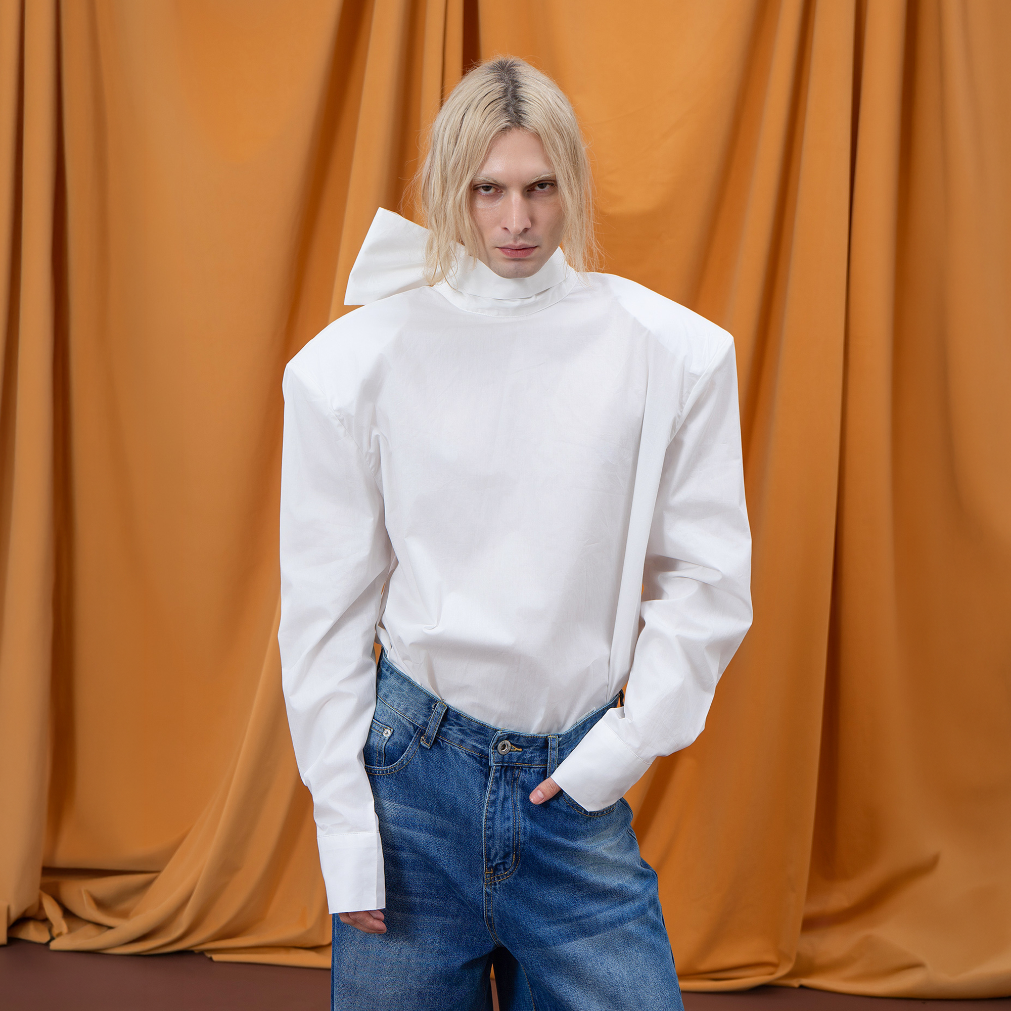 CLP Padded-Shoulder Tie-Back Mandarin Collar Shirt