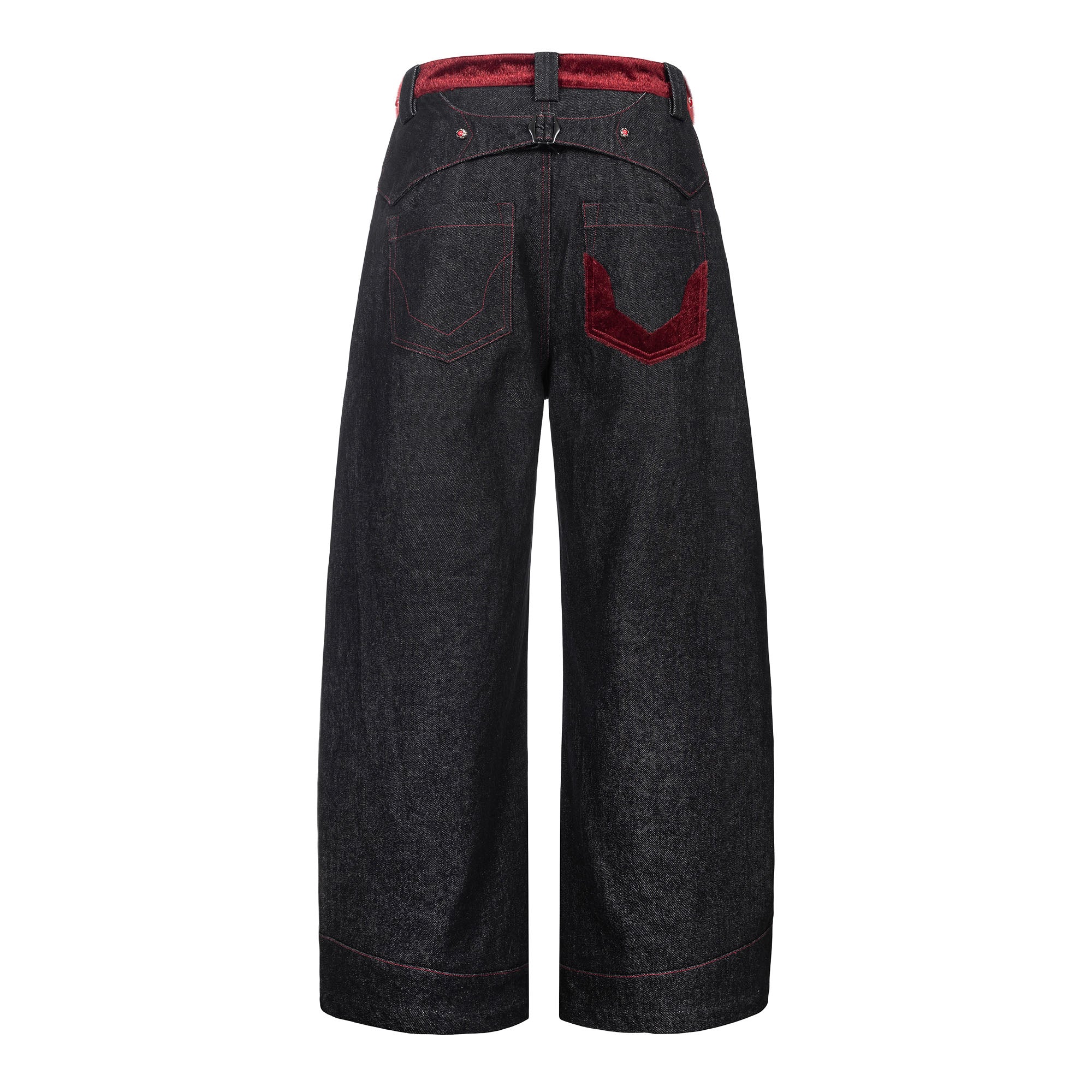 ESAIAS Vermilion Stitch Red Turquoise Curved Denim Pants, premium urban and streetwear designers apparel on PROJECTISR.com, ESAIAS