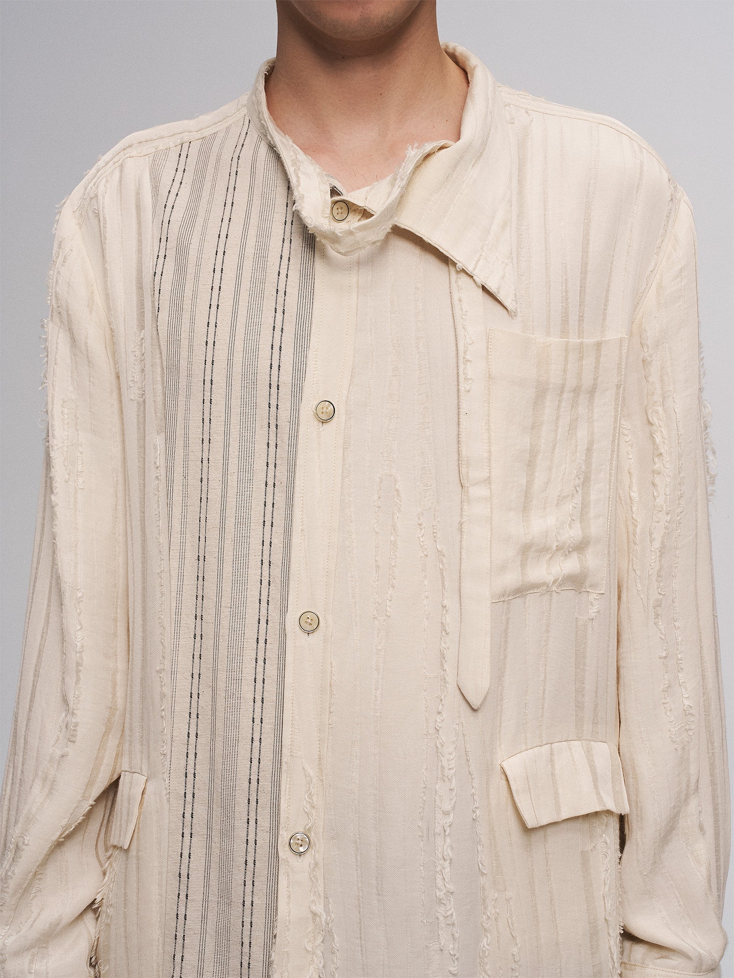 ILNya Nieternite Nifutur Deconstructed Stripe Stich Raw Long Shirt Beige