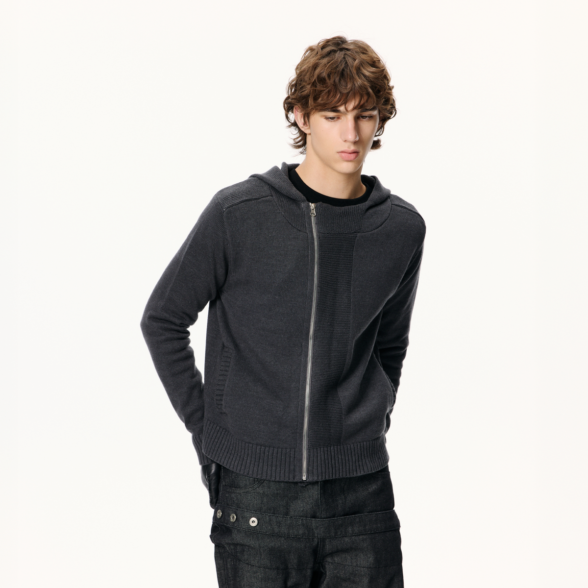 KREATE Ribbed Spliced Zip-Up Hoodie Cardigan