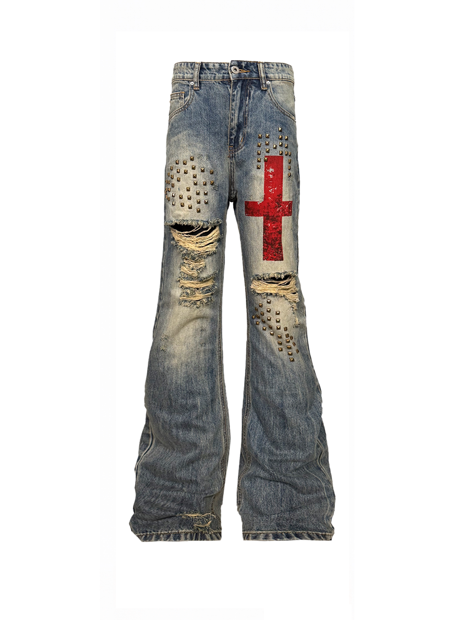 DETW Washed Distressed Rivet Stacked Curved Jeans