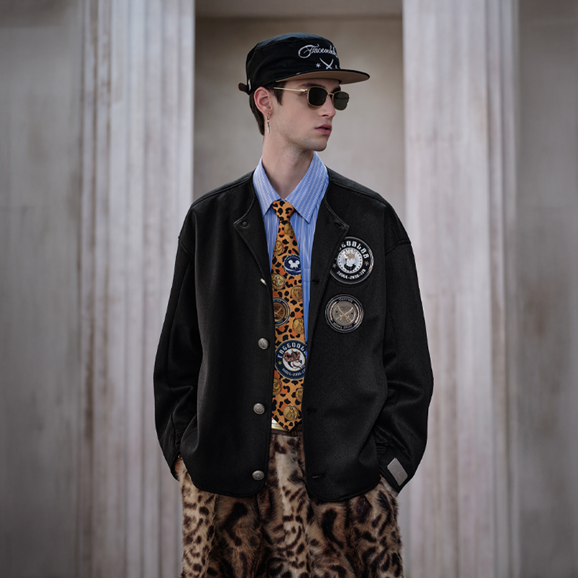 FACEONLAB Badge-Patch Crew-Neck Oversized Jacket