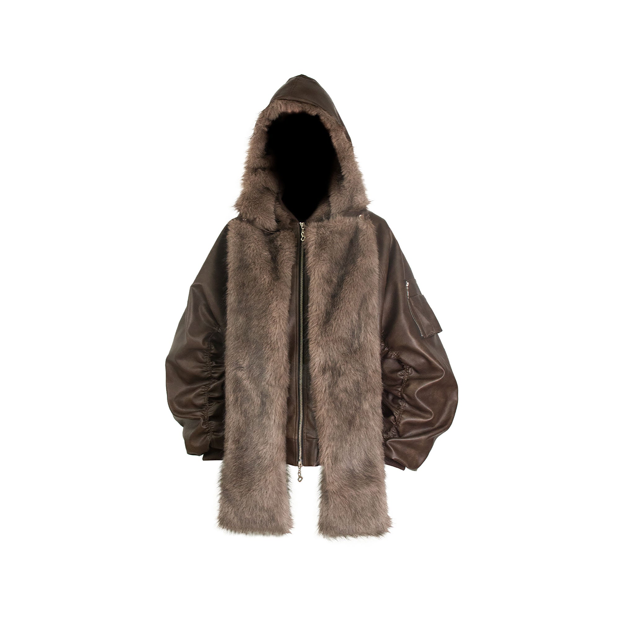 RELABEL Detachable Plush Scarf Ruched Hooded Jacket Brown, premium urban and streetwear designers apparel on PROJECTISR.com, RELABEL