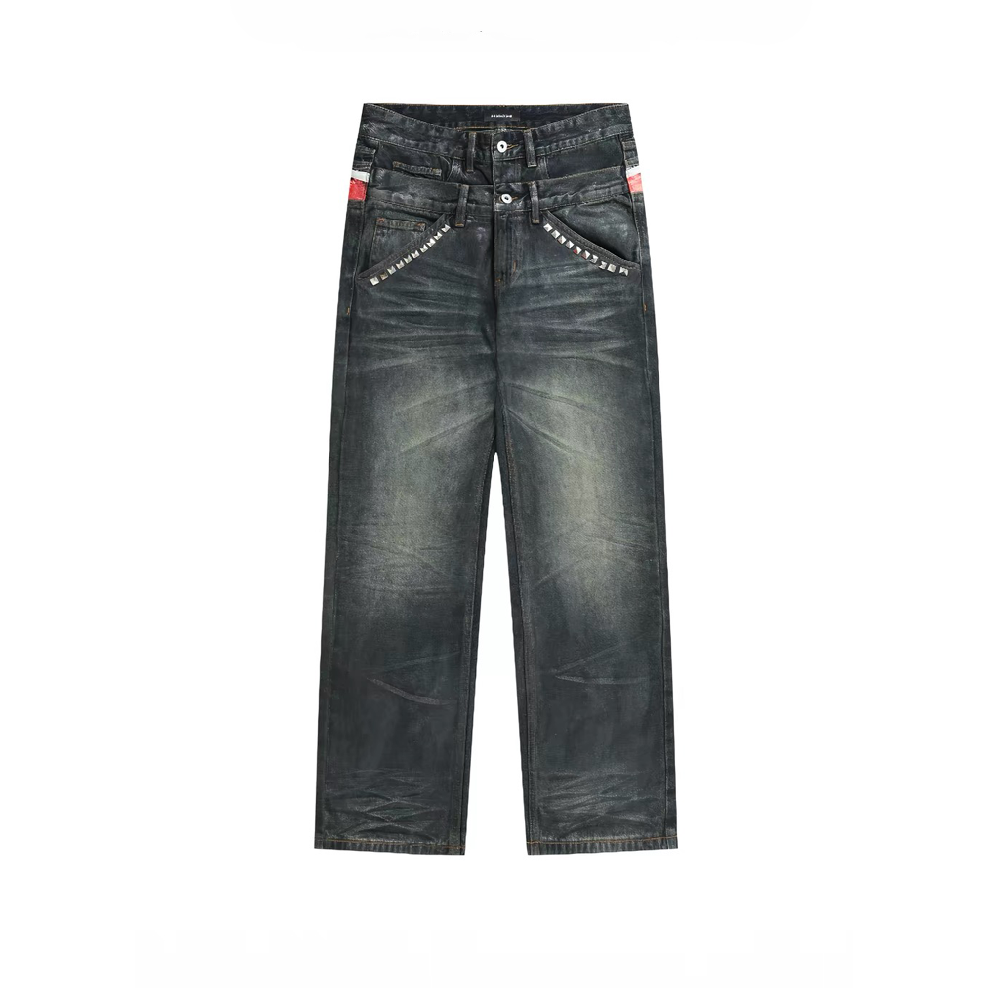 REGEN ZONE Flag Wax-Brushed Studded Double-Waist Jeans