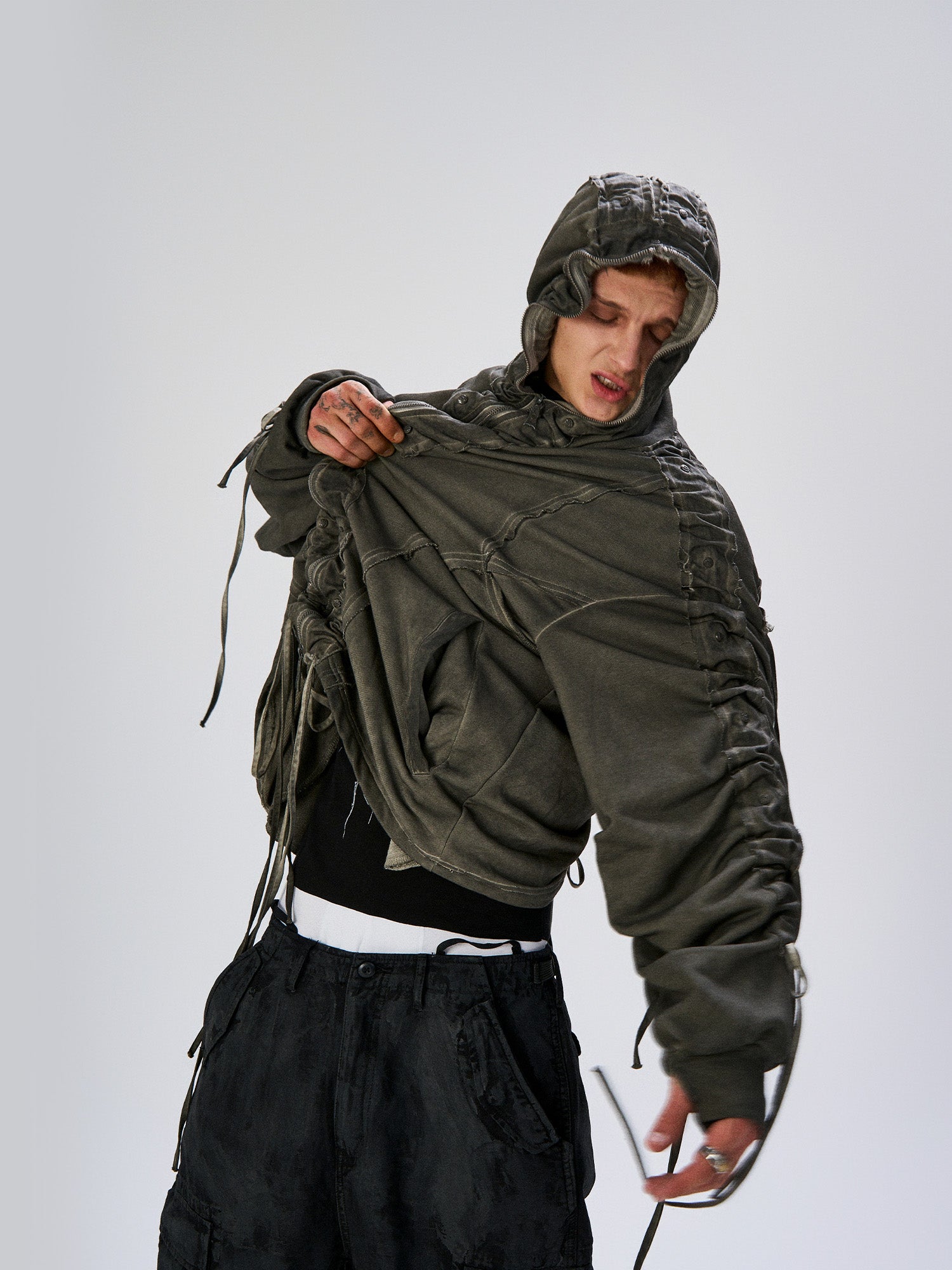 FLYERRER Distressed Drawstring Ruched Hooded Jacket, premium urban and streetwear designers apparel on PROJECTISR.com, FLYERRER