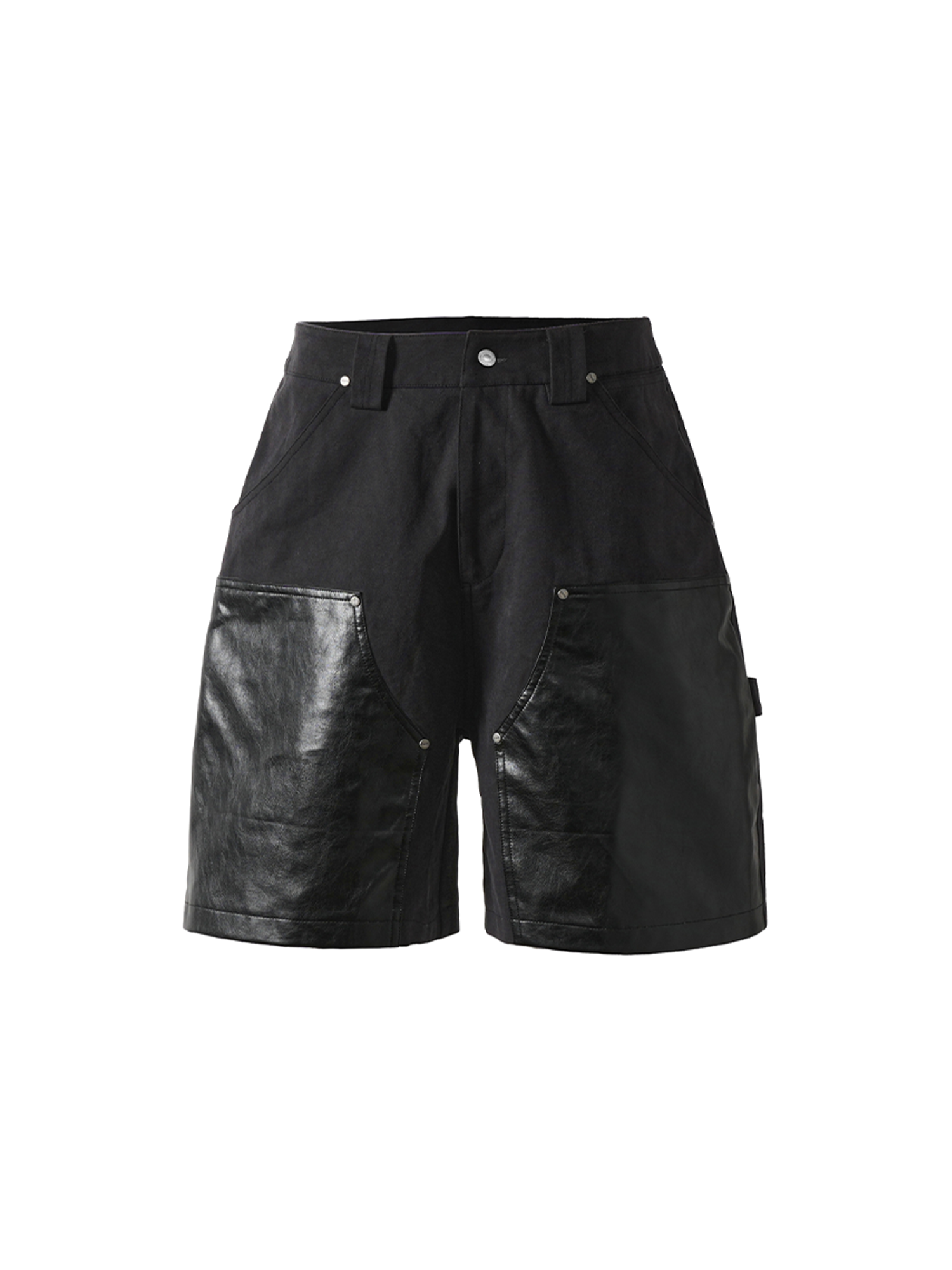 PMW Paneled Faux Leather Rivet Shorts, premium urban and streetwear designers apparel on PROJECTISR.com, PMW
