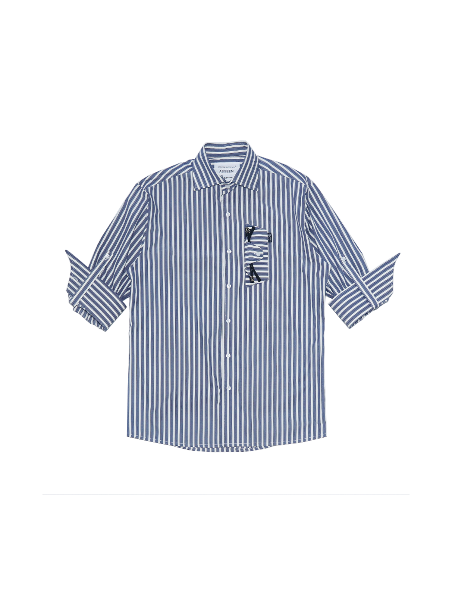 ASSEEN Striped Glasses Pocket Half Shirt Blue