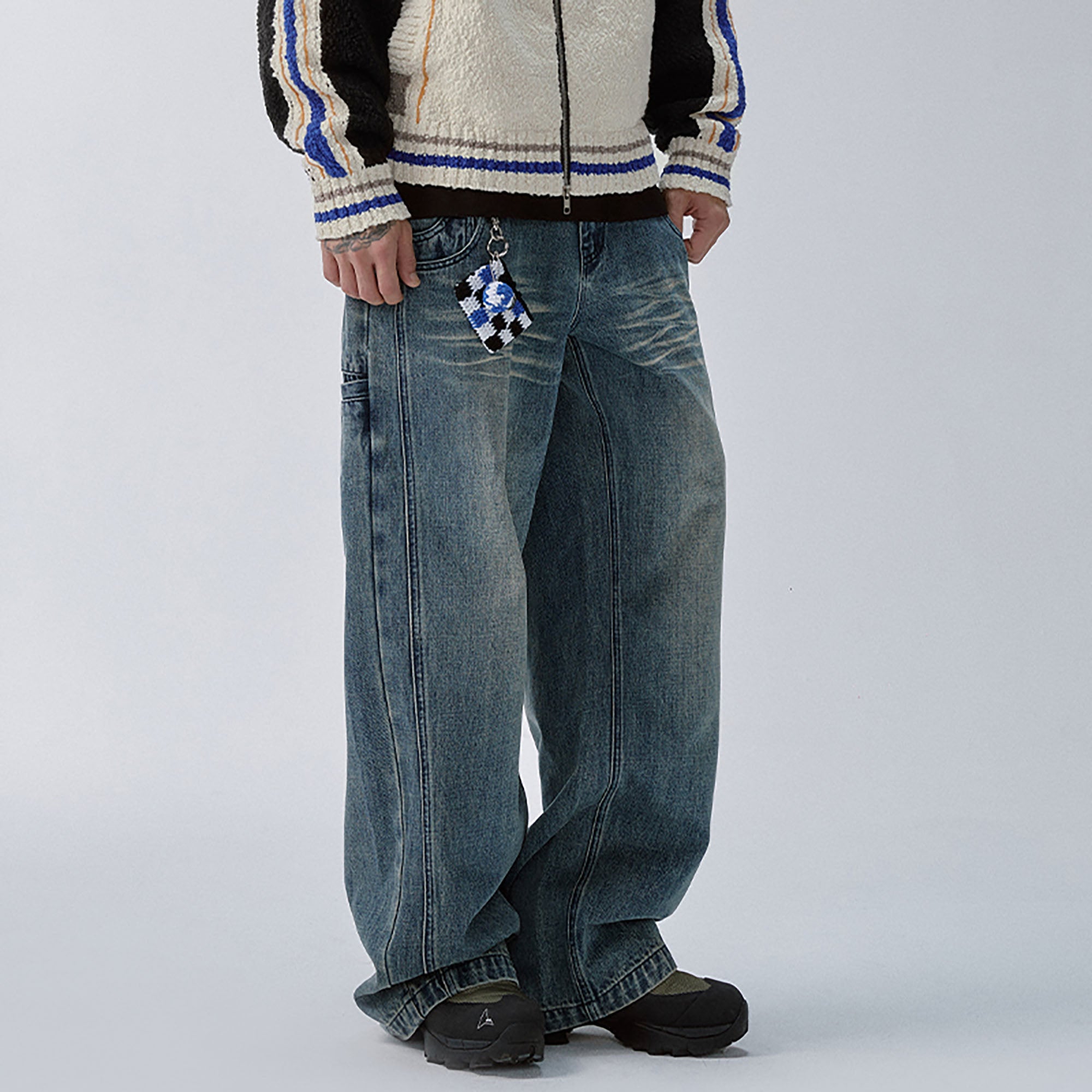 即完‼️BELVETRigid Double Belt Baggy Denim F2CE Double Waistband Washed Wide-Leg Jeans