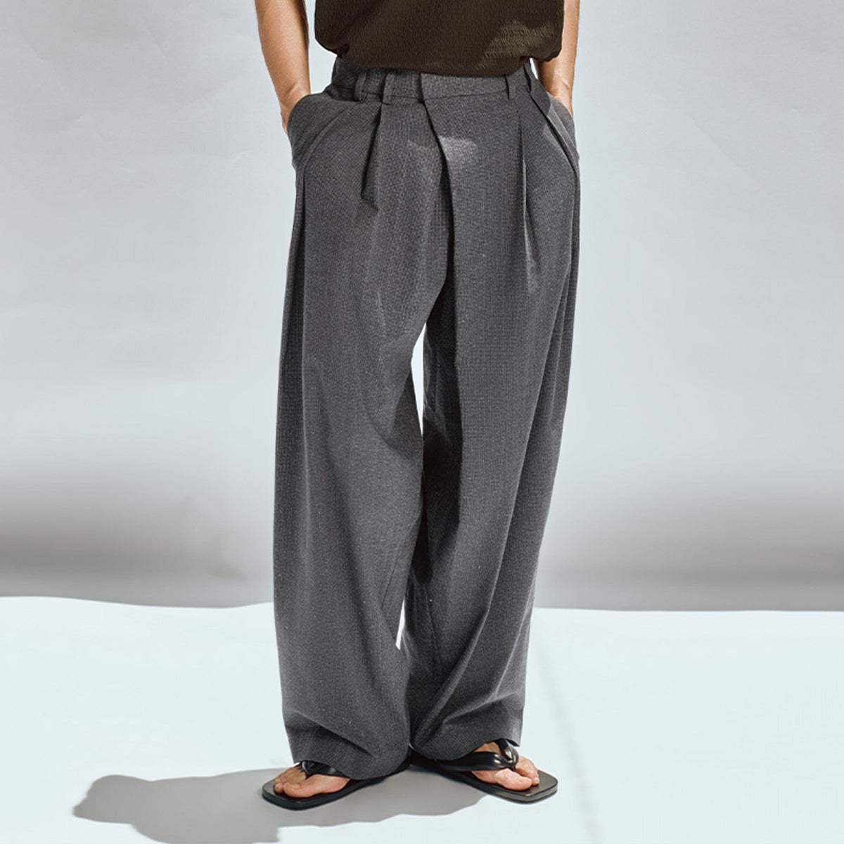 OPICLOTH Asymmetric Pleated Linen-Blend Micro Check Pants