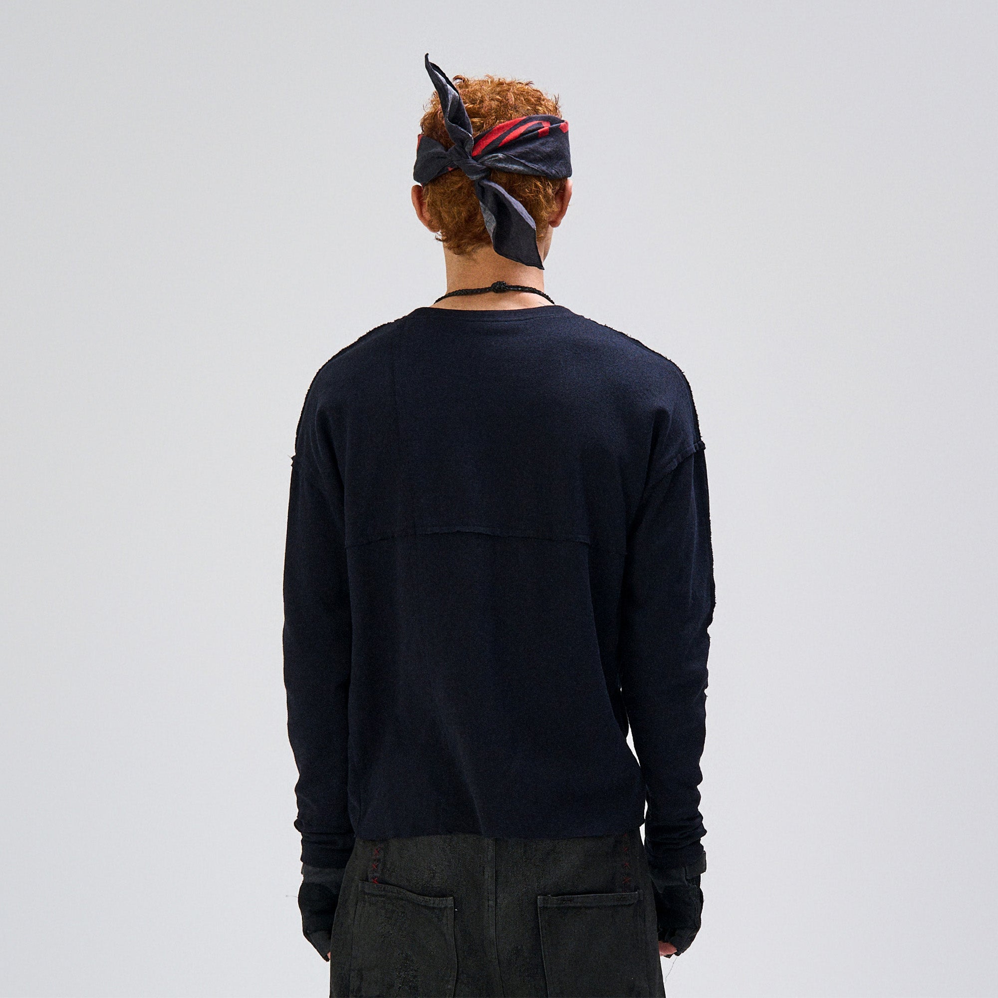 FLYERRER Cross-Panel Contrast Frayed Embroidered Long-Sleeve Tee, premium urban and streetwear designers apparel on PROJECTISR.com, FLYERRER