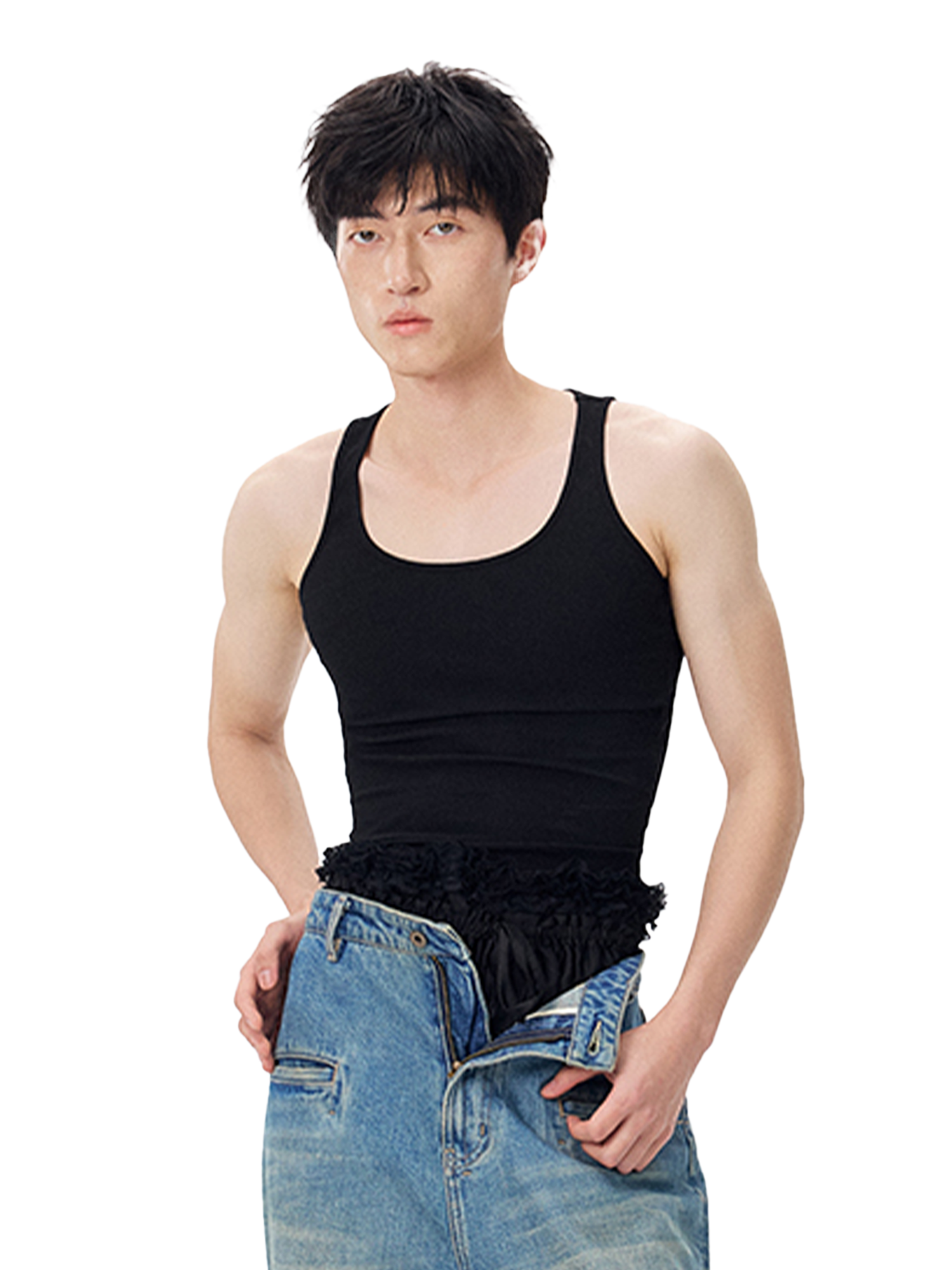 TUIMU Back Cut-Out Ribbed Tank Top Black