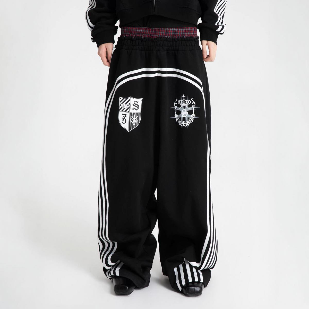 SEXXDEVIL Plaid Double-Waistband Striped Sweatpants