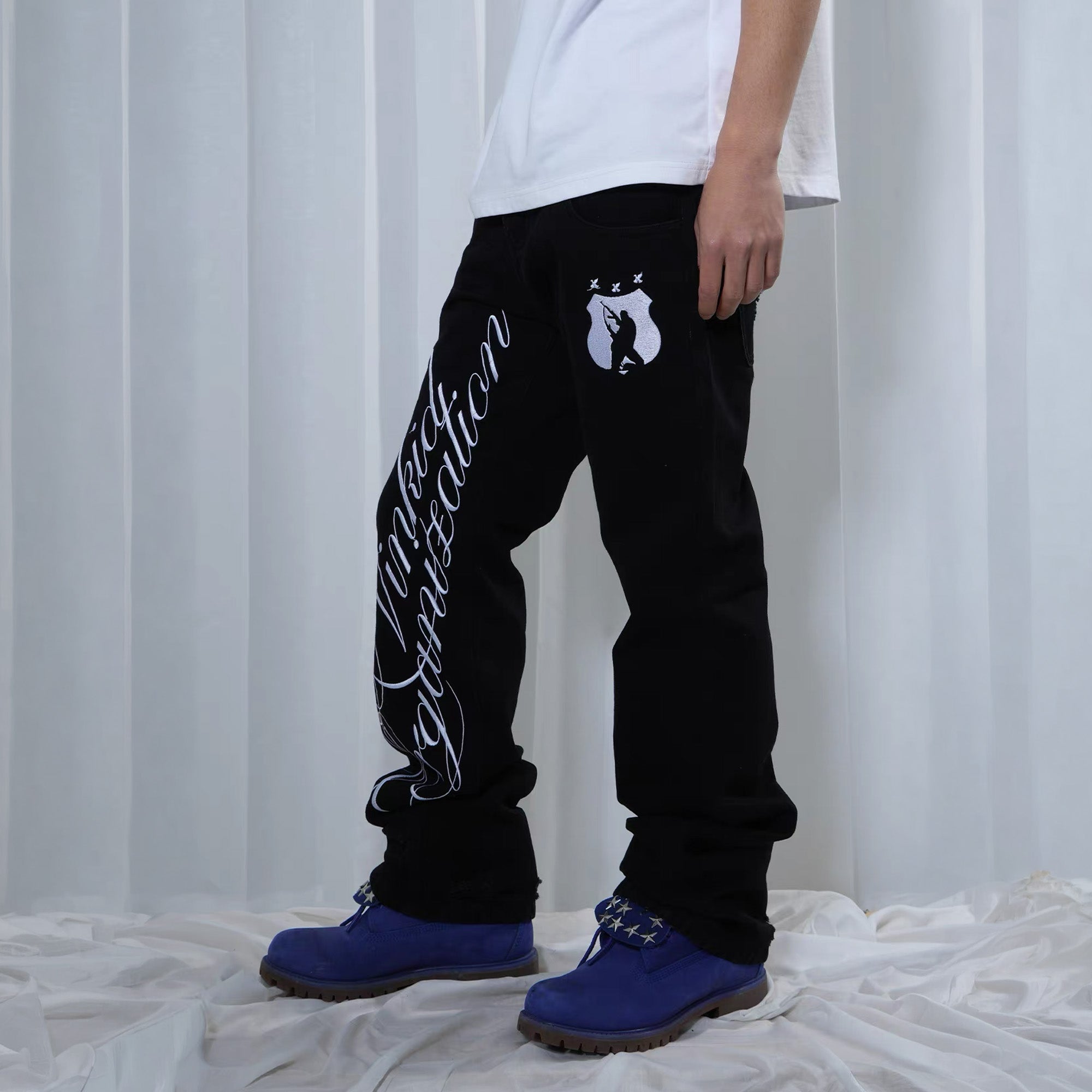VINKID Double-Waist Script Graphic Jeans, premium urban and streetwear designers apparel on PROJECTISR.com, VINKID