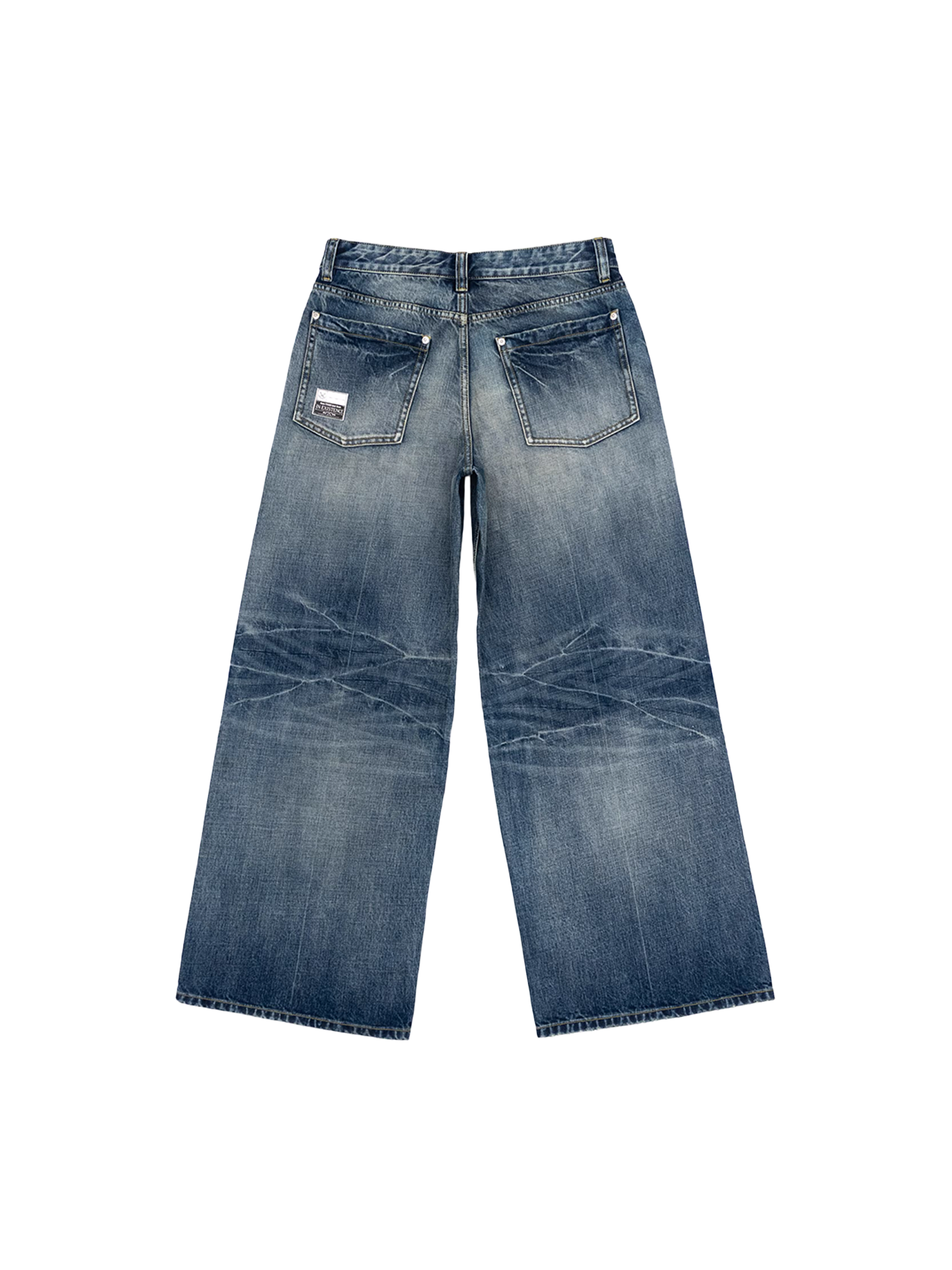 IN EXISTENCE x i Washed Lightning Fade Wide-Leg Jeans Blue, premium urban and streetwear designers apparel on PROJECTISR.com, IN EXISTENCE