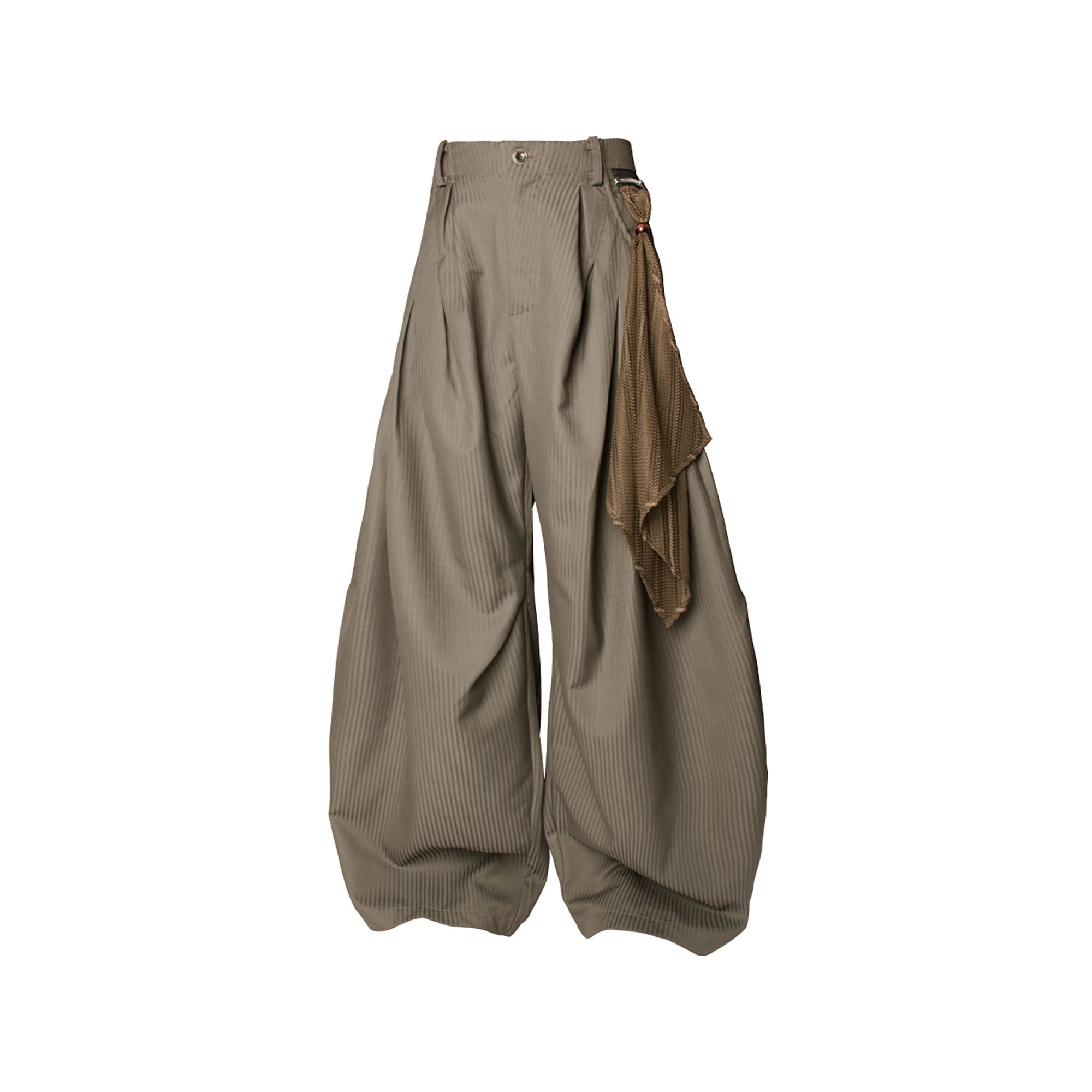 RELABEL Pinstriped Detachable-Scarf Oversized Pants Brown, premium urban and streetwear designers apparel on PROJECTISR.com, RELABEL