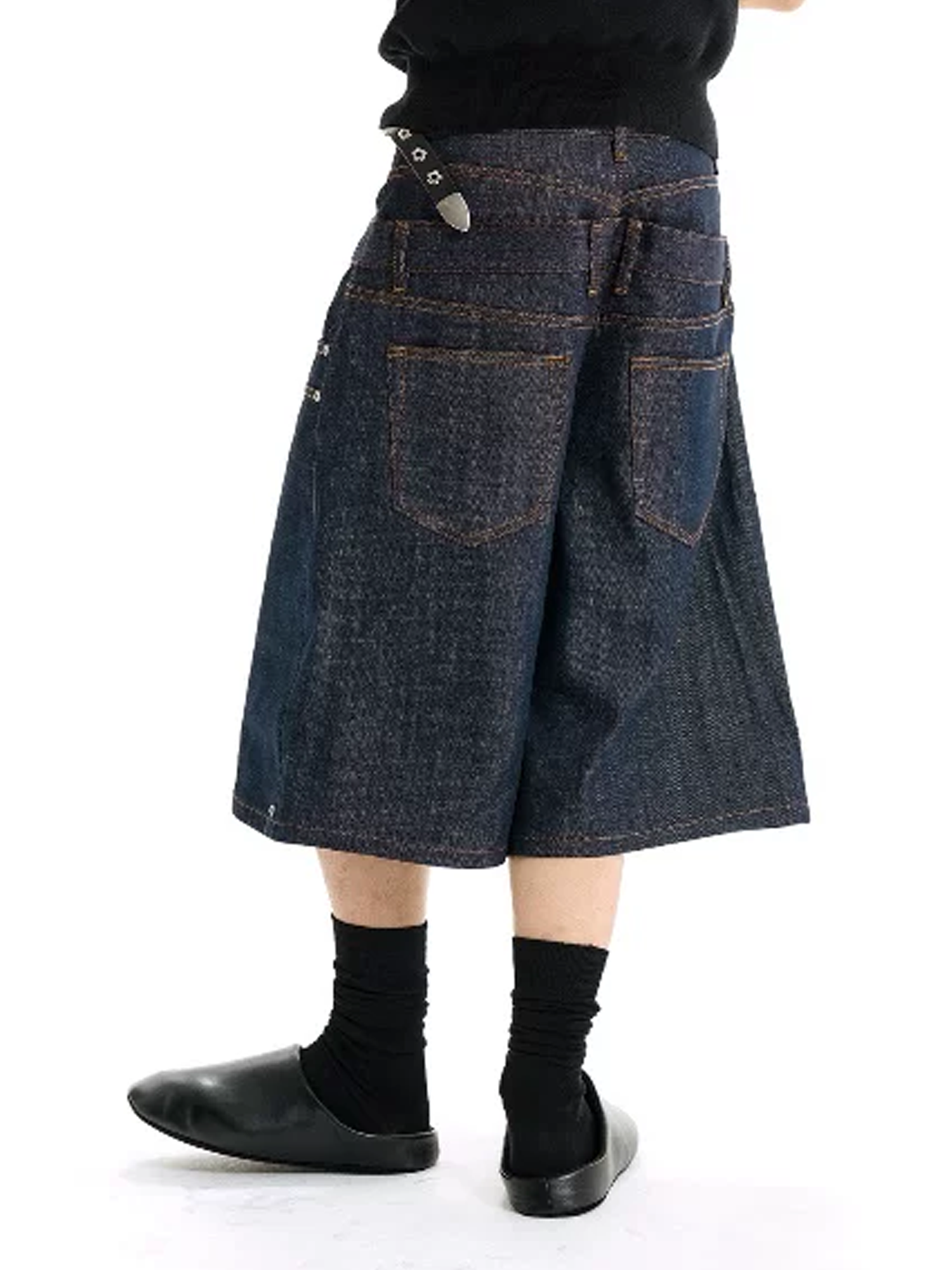 WANNA LAB Studded Double-Waistband Raw Denim Jeans