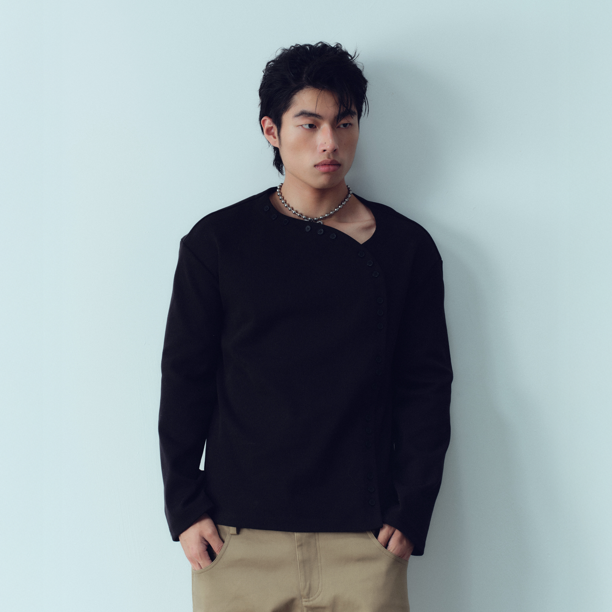 KADAKADA Buttoned Curved Placket Ribbed Knit Top