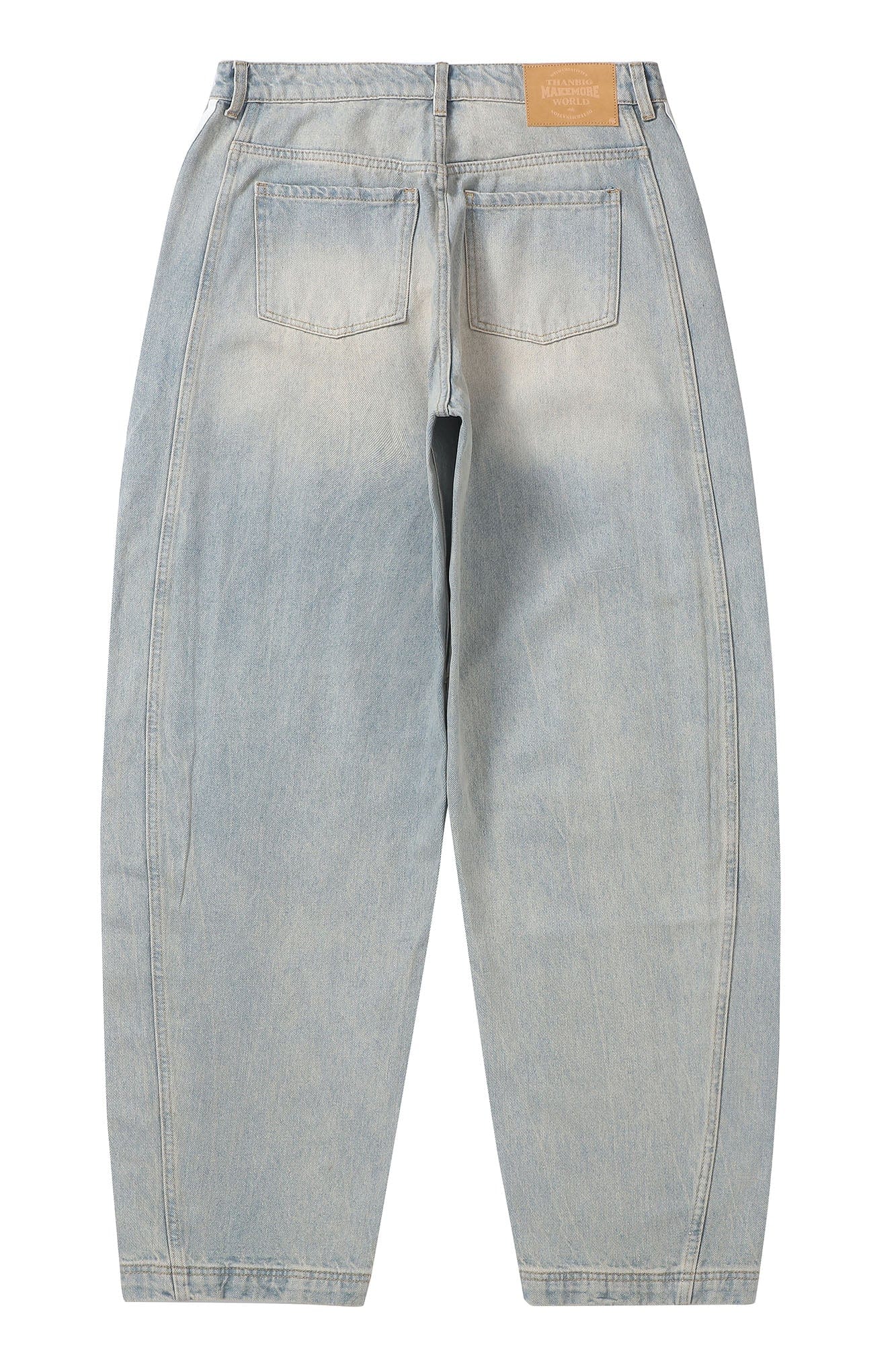 MAKEMORE Retro Washed Stripe Pleated Knees Jeans, premium urban and streetwear designers apparel on PROJECTISR.com, MAKEMORE
