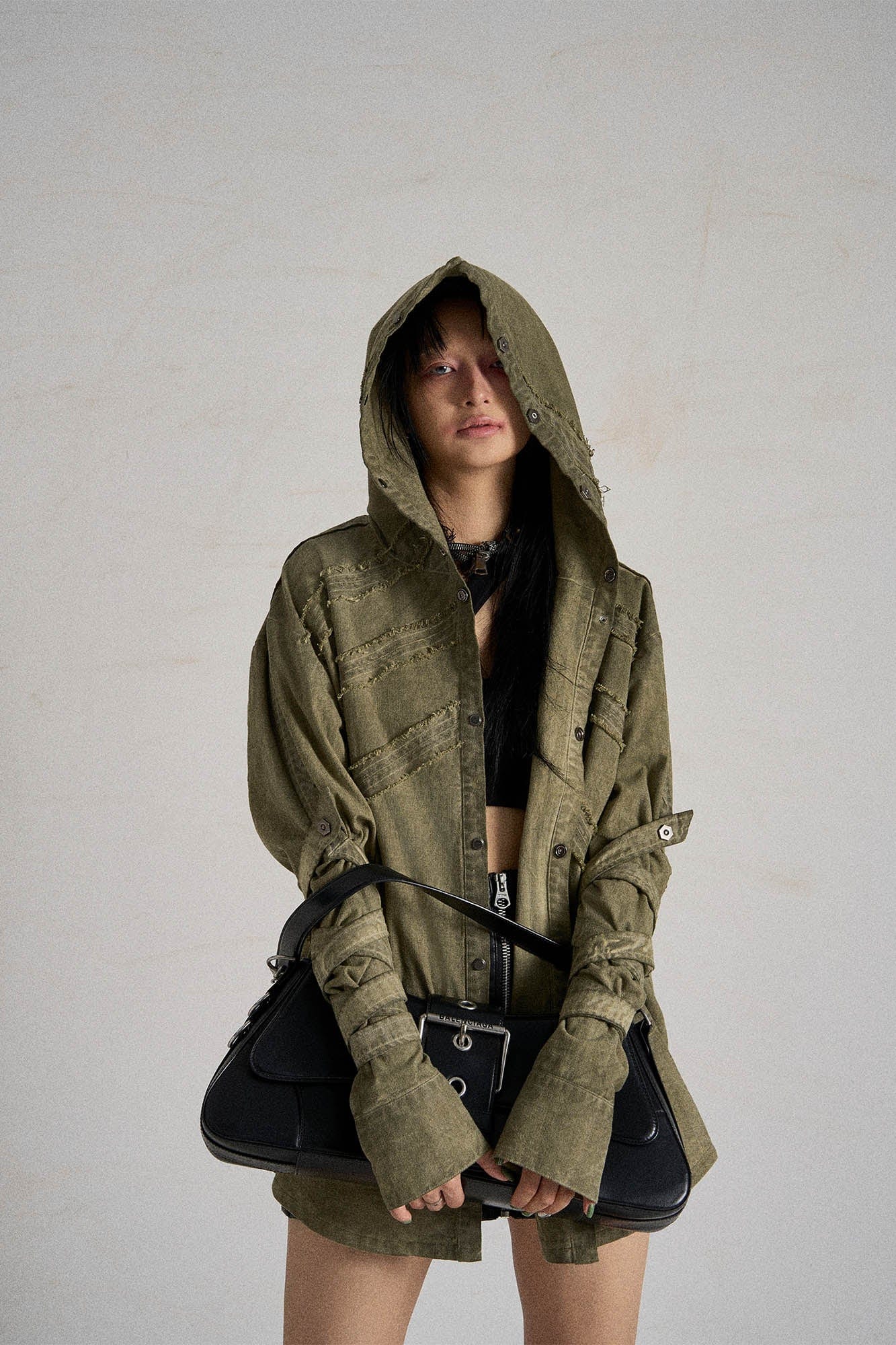 FLYERRER Frayed Fishbone Spliced Strap Hooded Jacket