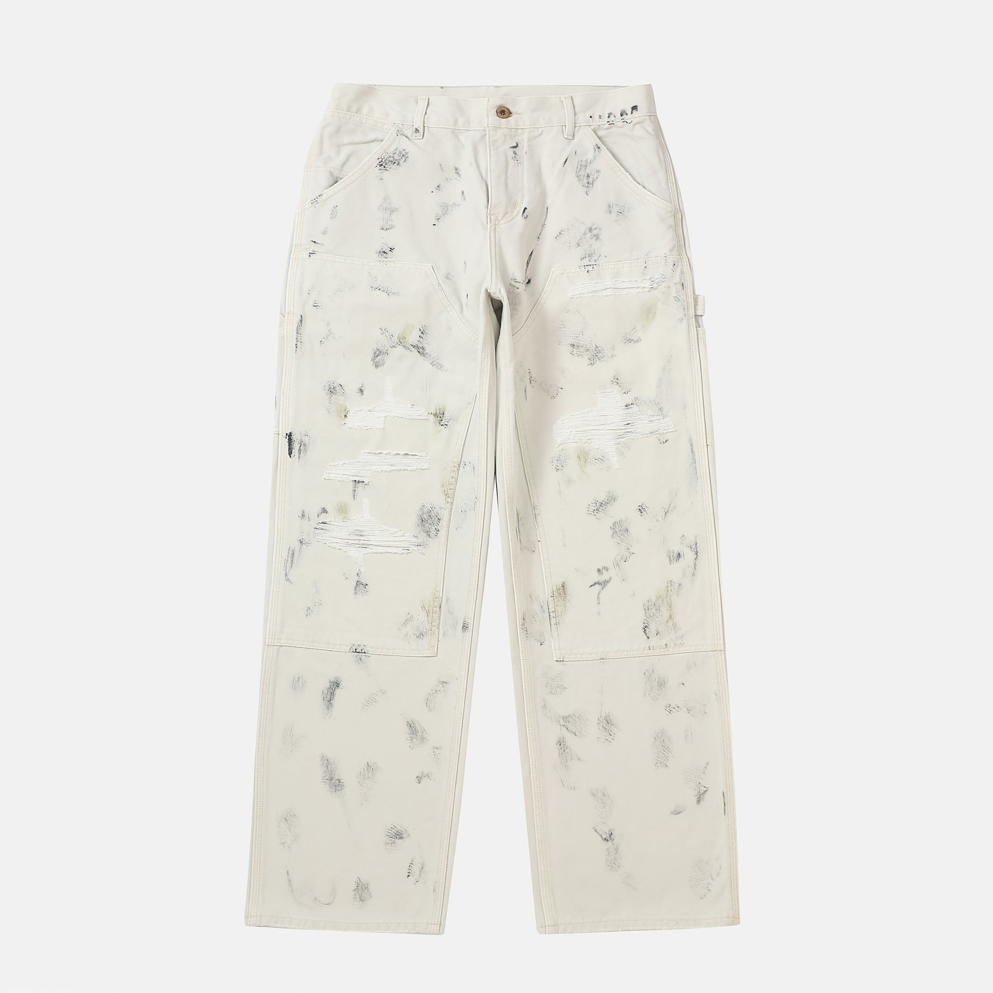 MAKEMORE Distressed Paint-Splattered Double-Knee Jeans White