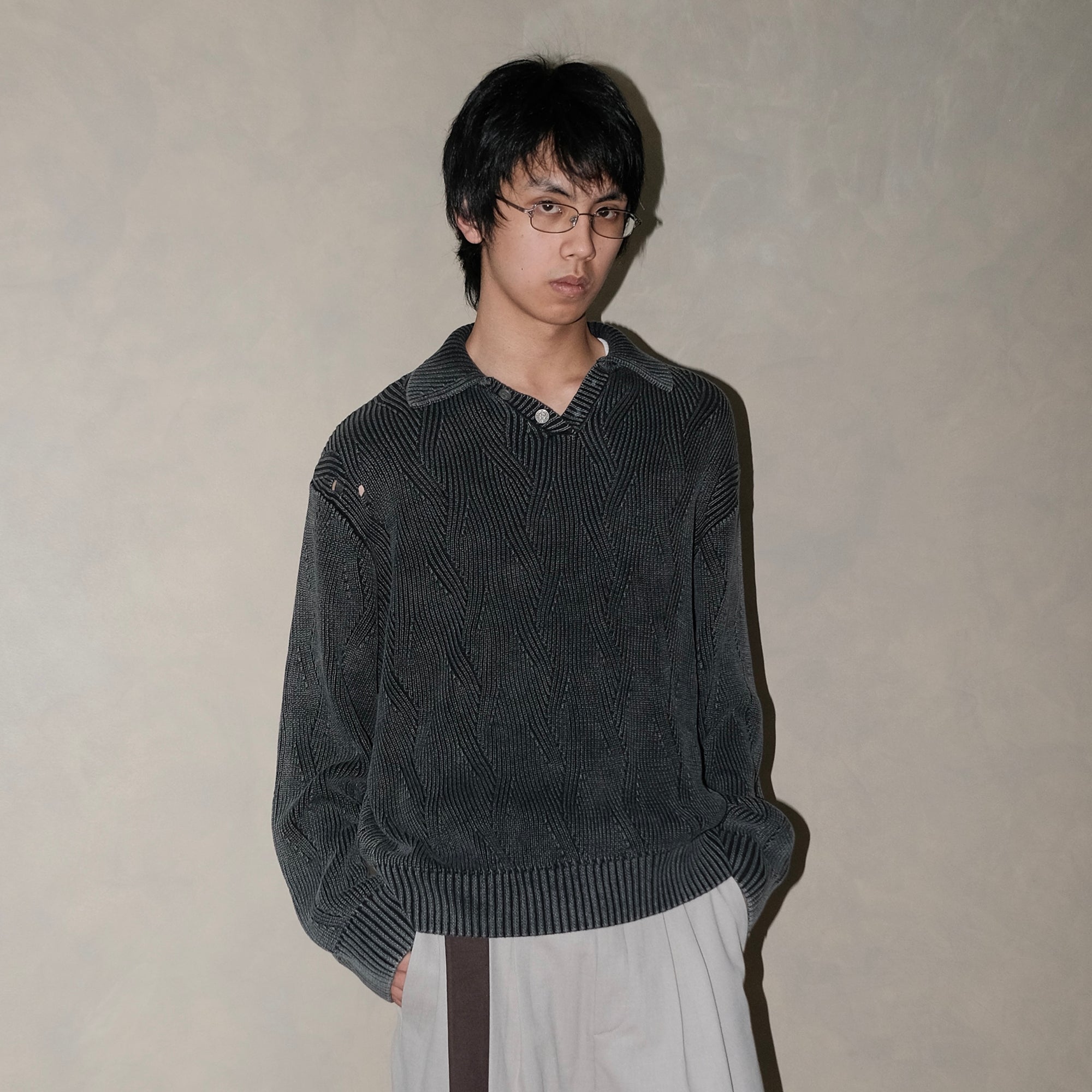 IN EXISTENCE Distressed Chevron Collared Sweater