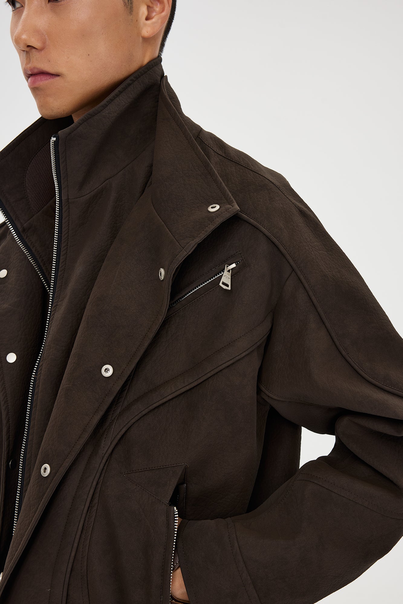 CATSSTAC Layered Placket Structured Paneled PU Jacket