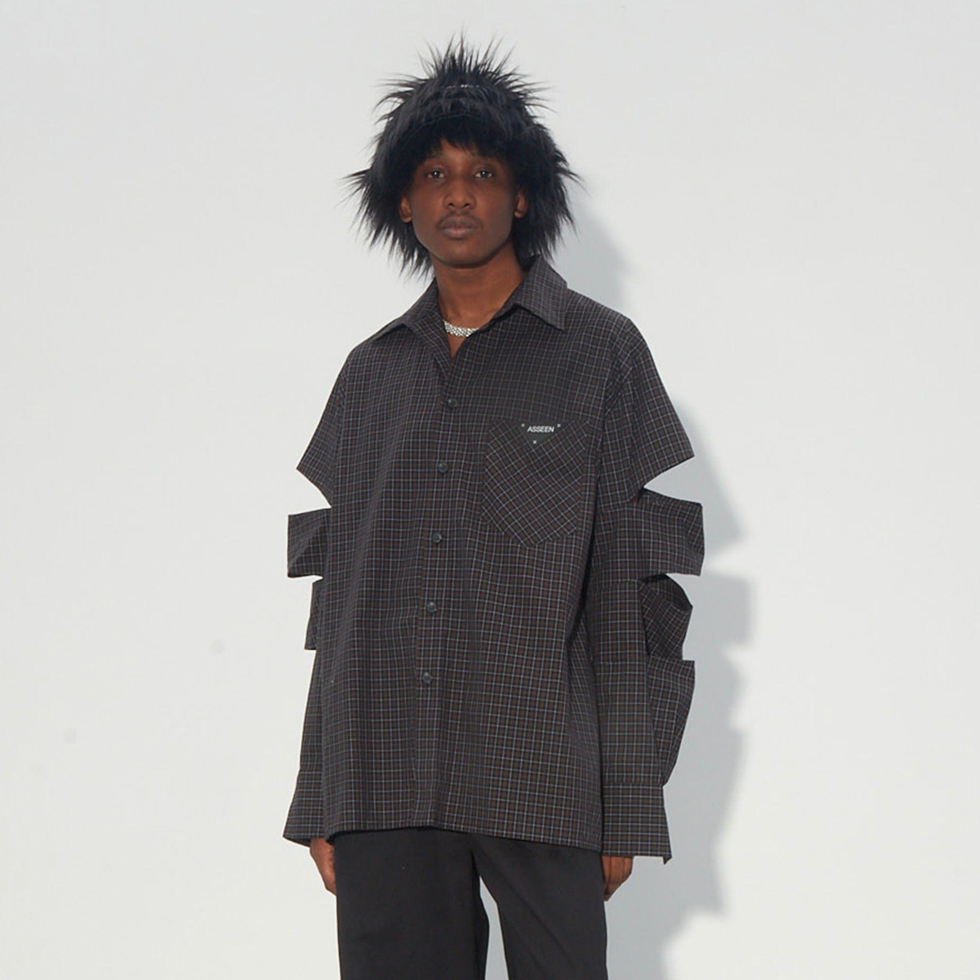 ASSEEN Deconstructed Cutout-Sleeve Mini Check Shirt, premium urban and streetwear designers apparel on PROJECTISR.com, ASSEEN