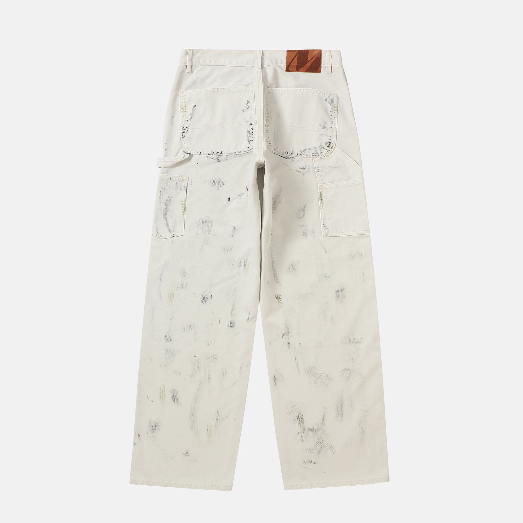 MAKEMORE Distressed Paint-Splattered Double-Knee Jeans White