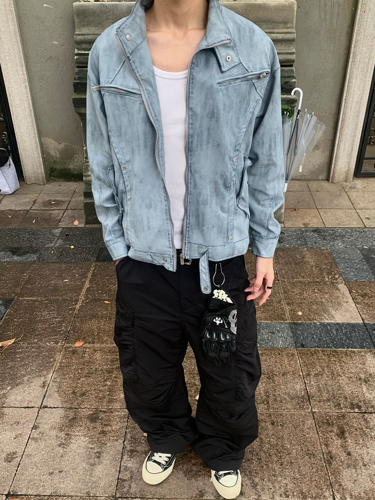 REMODUTION Deconstructed Washed Faux Leather Biker Jacket