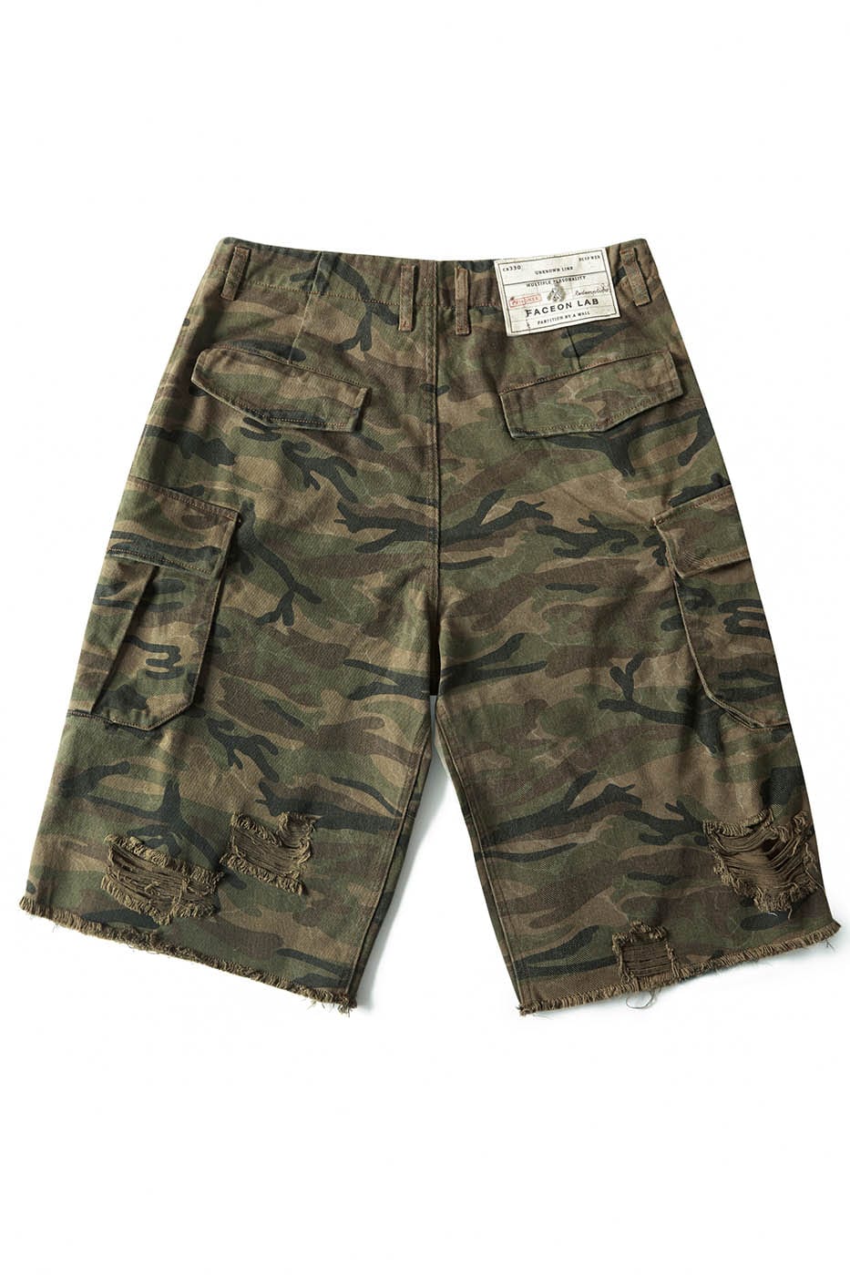 FACEONLAB Camo Ripped Crinkled Multi-Pocket Oversized Shorts