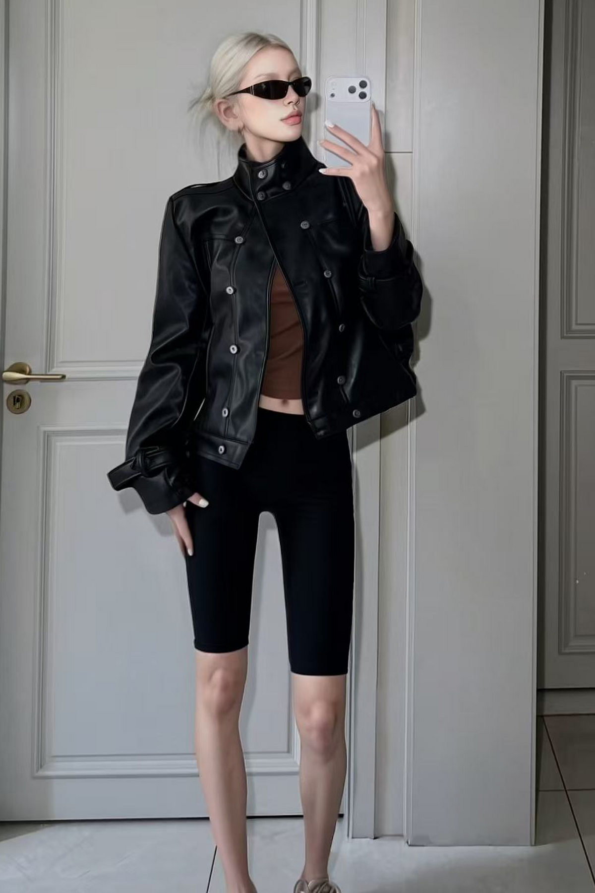 REMODUTION Double-Breasted Cinched Waist Faux Leather Jacket