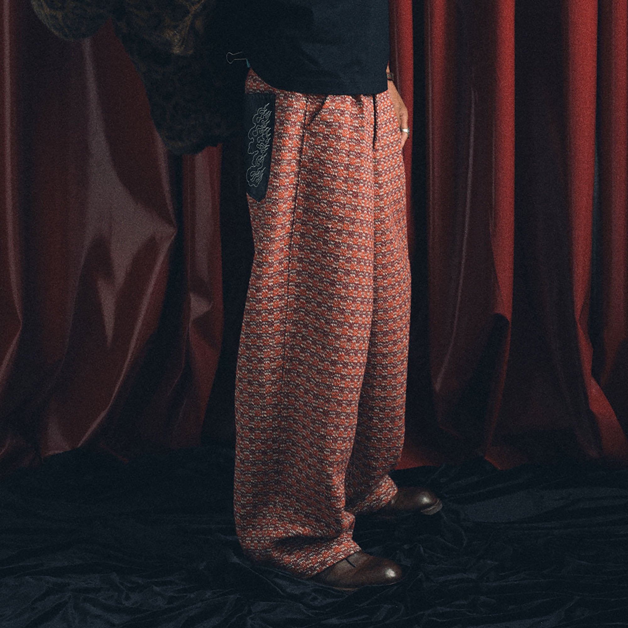 TRECLUB Tweed PU Pocket Straight-Leg Pants