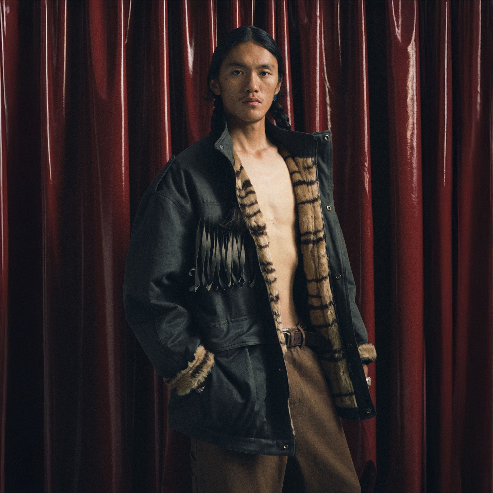 TRECLUB Tiger Stripe Lining Fringe Parka