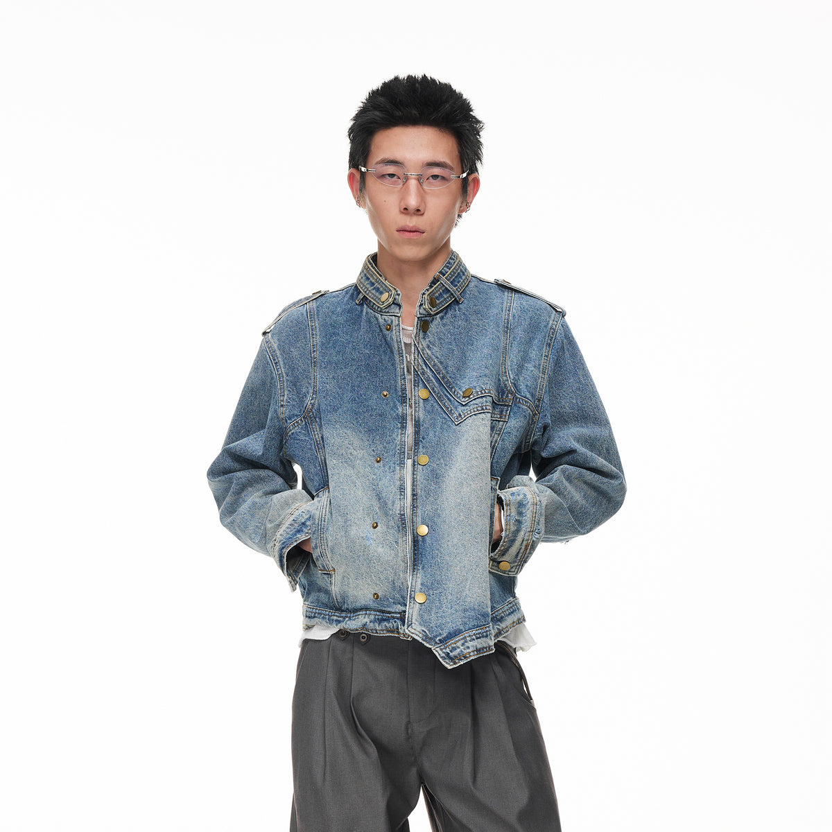 BOTANIC Washed Distressed Denim Biker Jacket