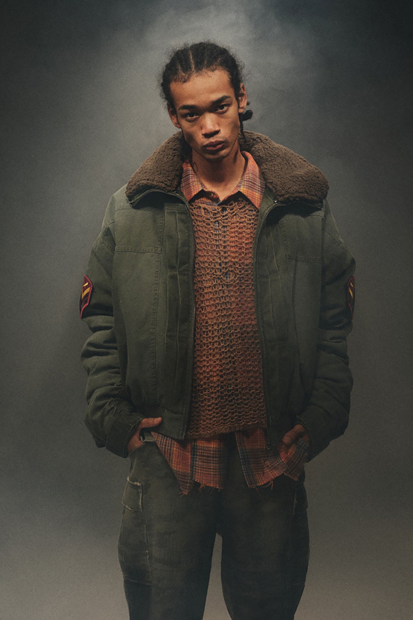 TRECLUB Distressed Patch Quilted Bomber