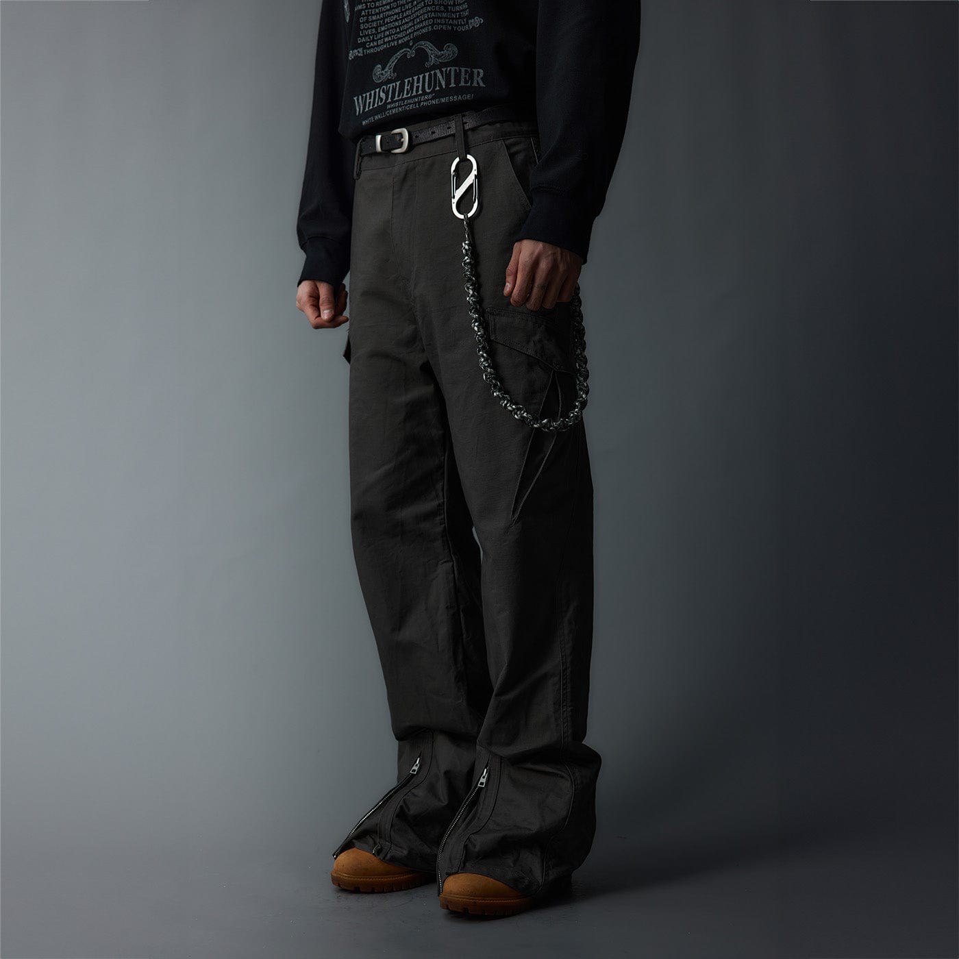 WHISTLEHUNTER Multi-Pocket Zipper Flared Cargo Pants, premium urban and streetwear designers apparel on PROJECTISR.com, WHISTLEHUNTER