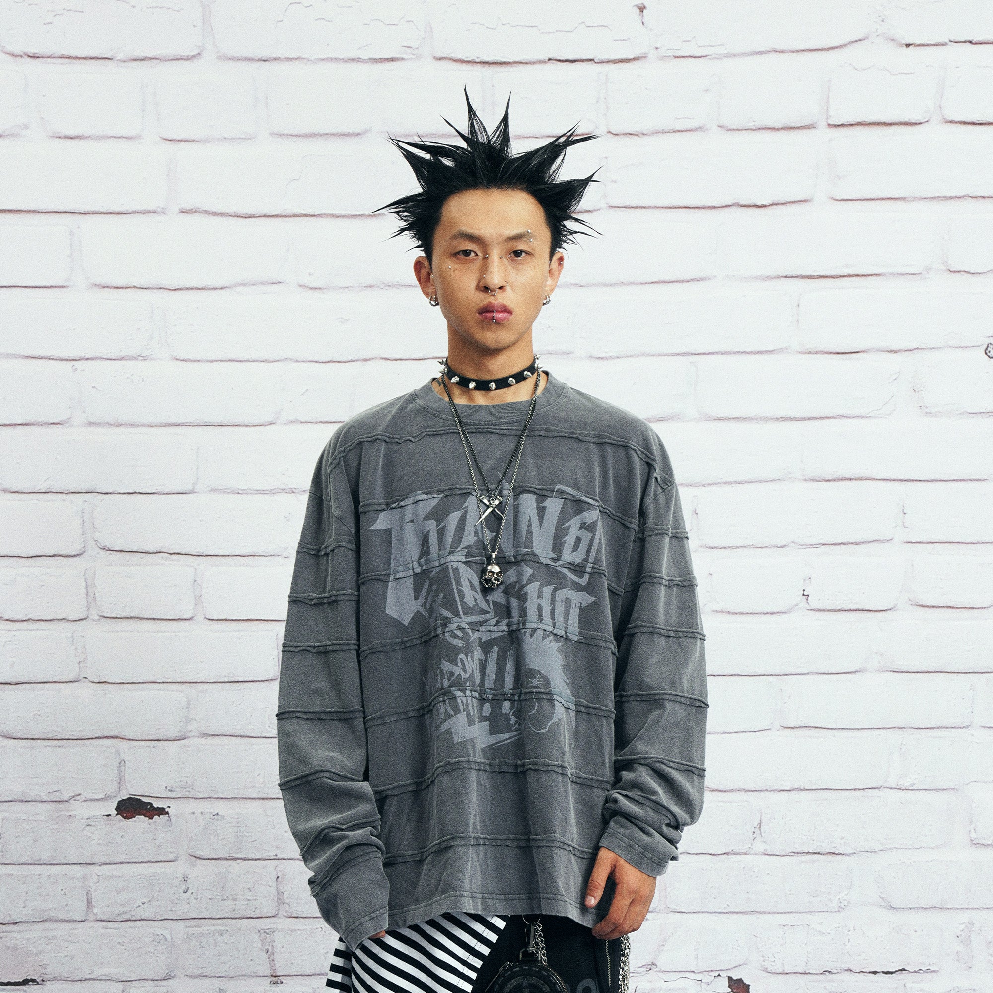 VENTUREK Washed Stripe-Layered Graffiti Long-Sleeve Tee, premium urban and streetwear designers apparel on PROJECTISR.com, VENTUREK