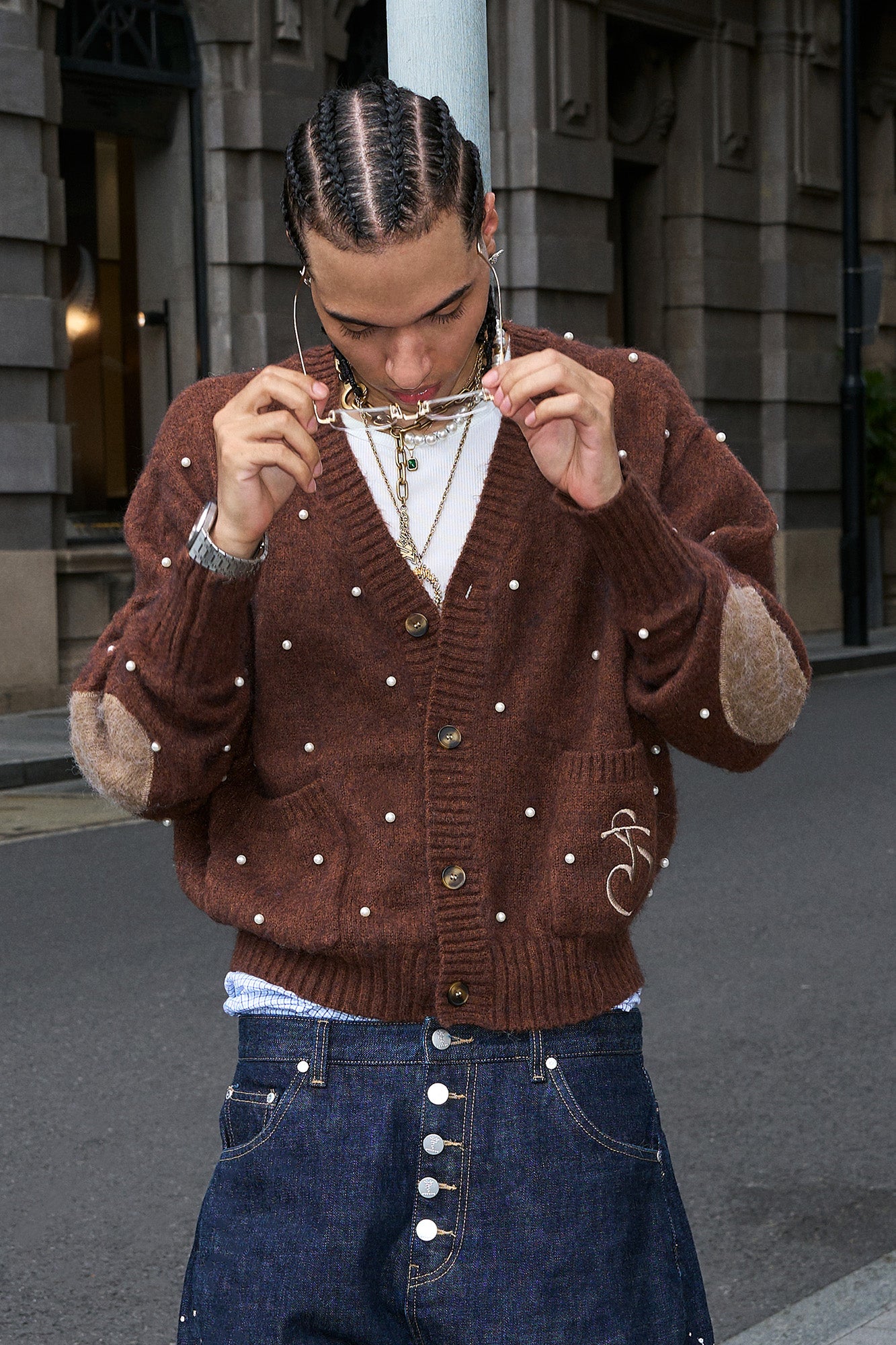 STEEPC Pearl-Studded Contrast Elbow Patch Cardigan