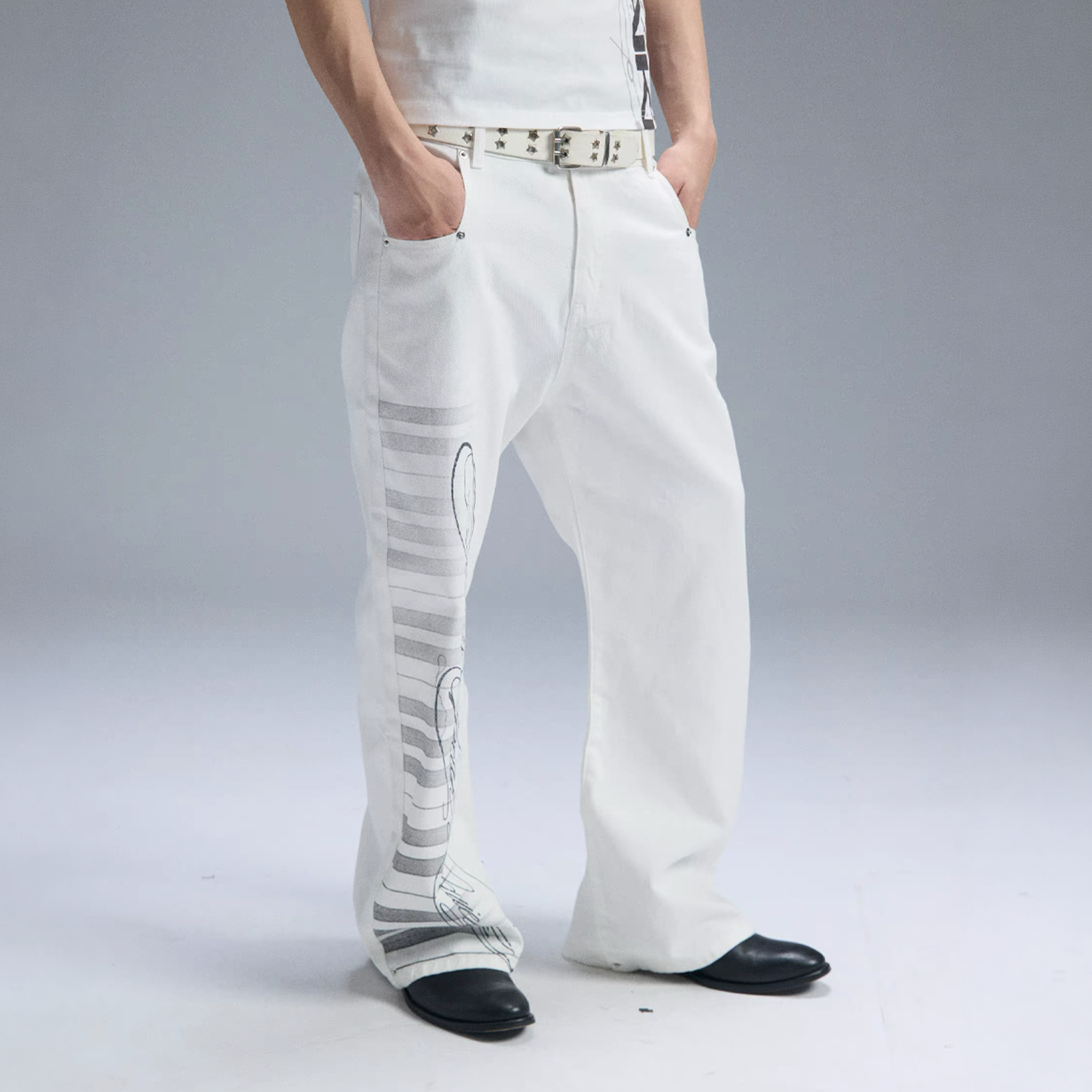 PAIKI Piano Key Script Foil Flared Jeans