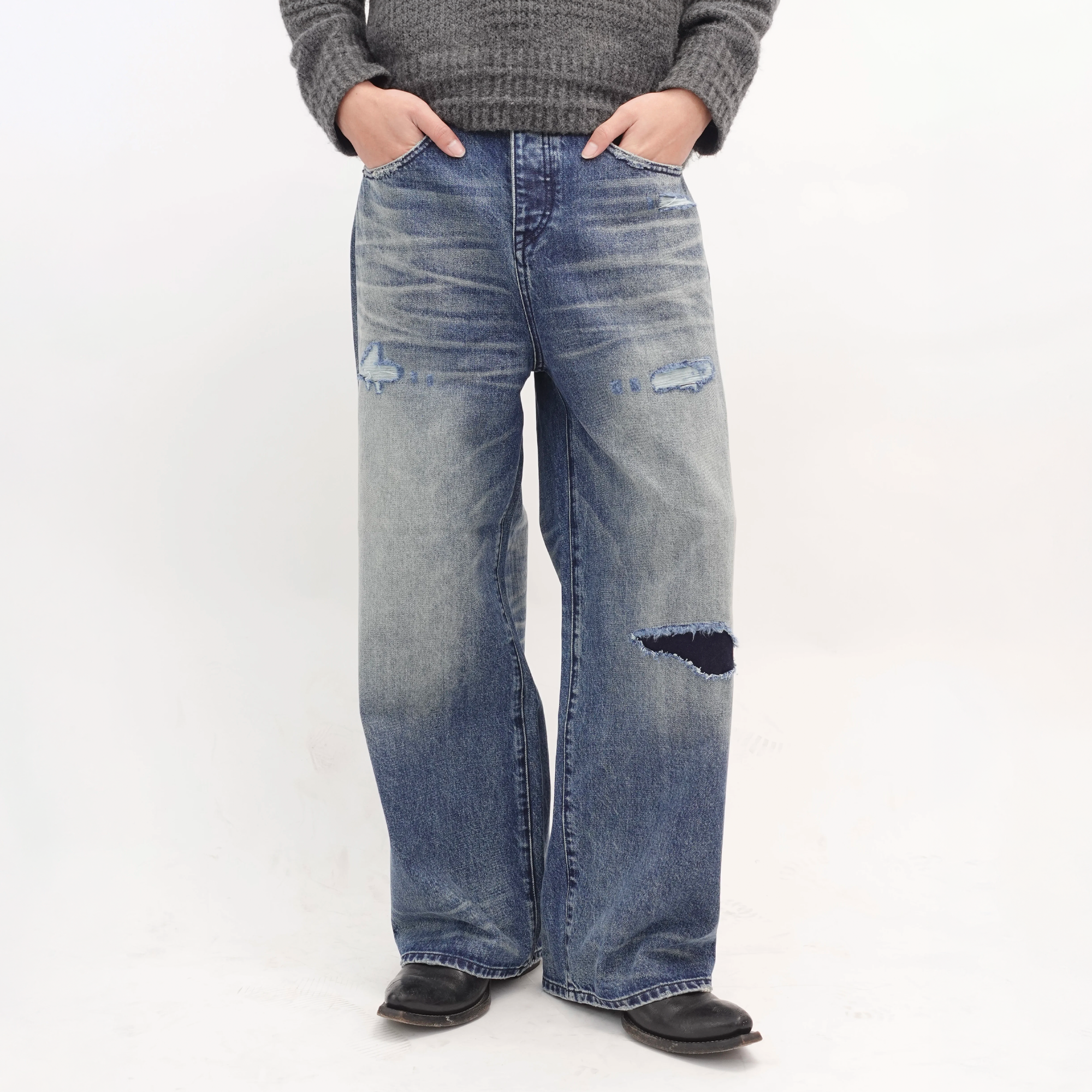 IN EXISTENCE x STM Washed Patched Distressed Straight Jeans, premium urban and streetwear designers apparel on PROJECTISR.com, IN EXISTENCE