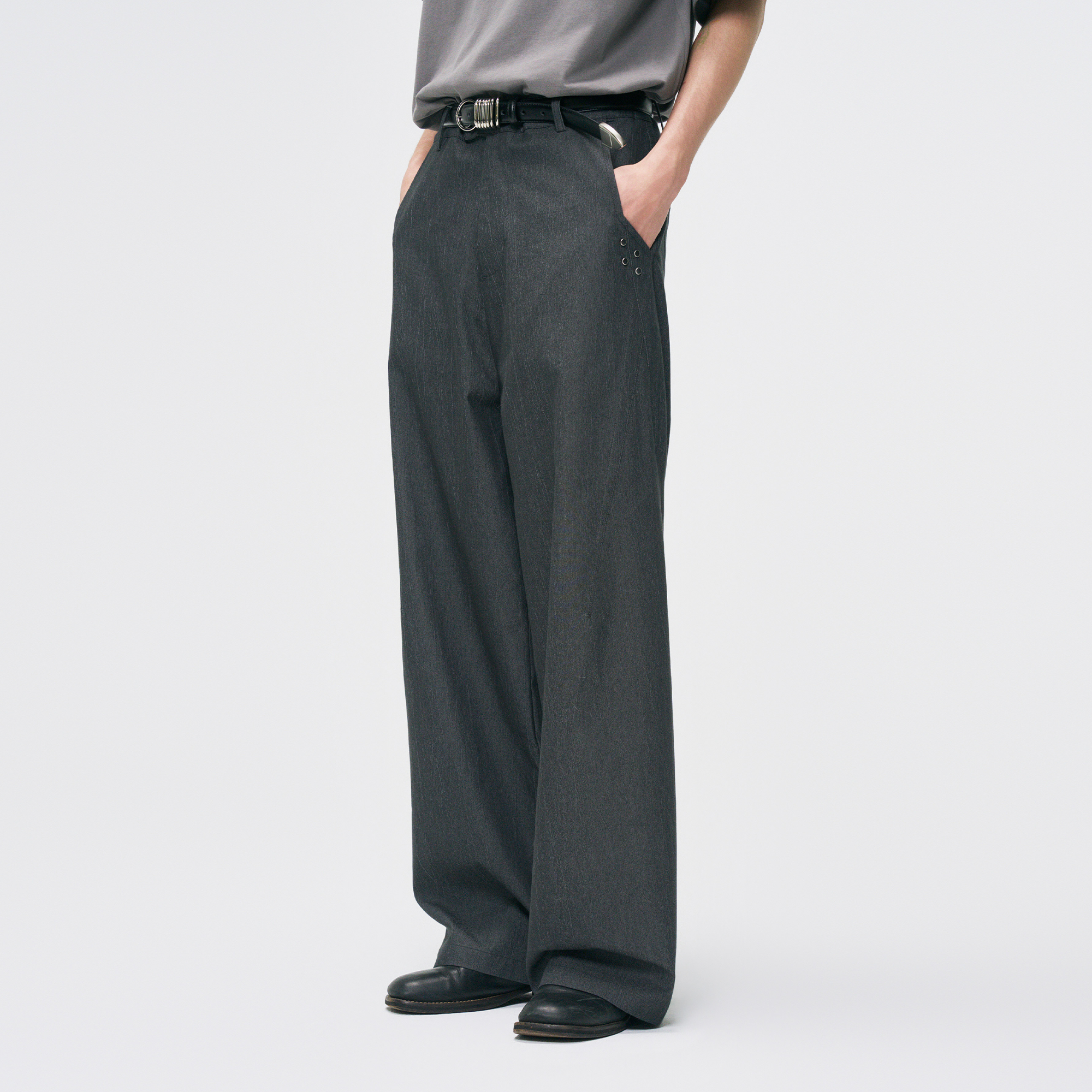GONGHE REPUB Washed Studded Straight-Leg Pants, premium urban and streetwear designers apparel on PROJECTISR.com, GONGHE REPUB