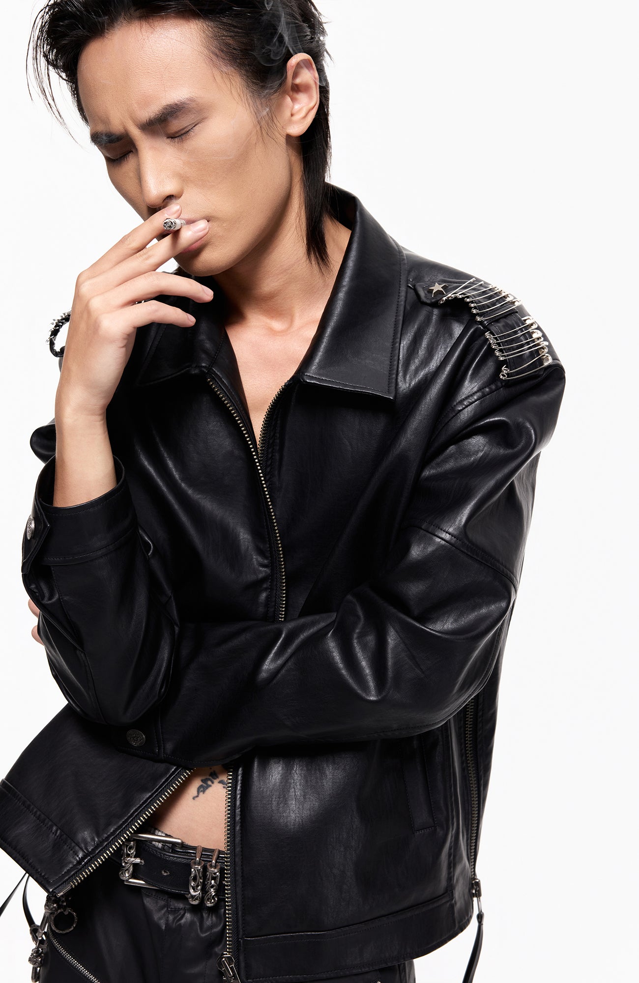 2000RSK Pin-Shoulder Faux Leather Biker Jacket