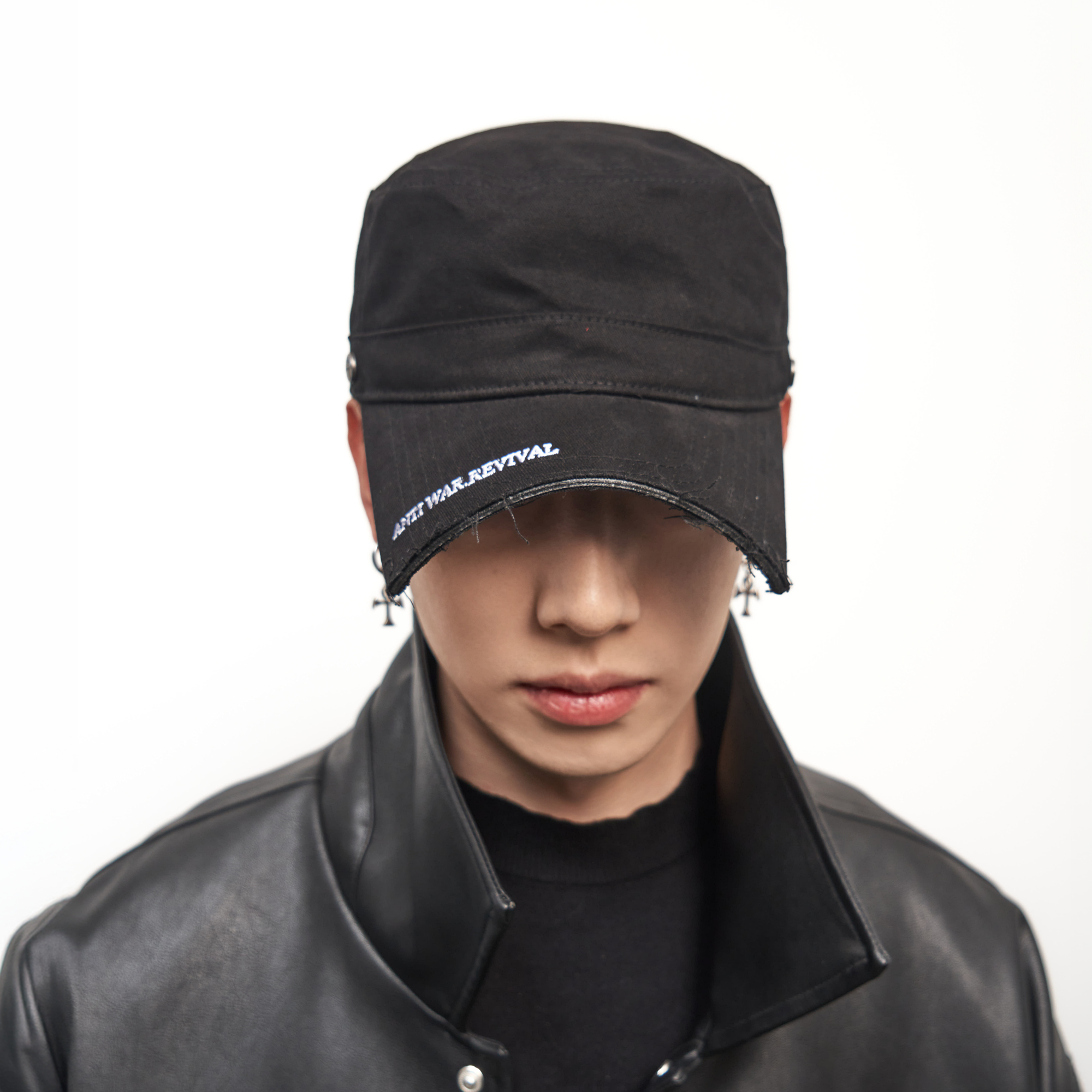 ANTI WAR REVIVAL Embroidered Cross Studded Flat-Top Cap