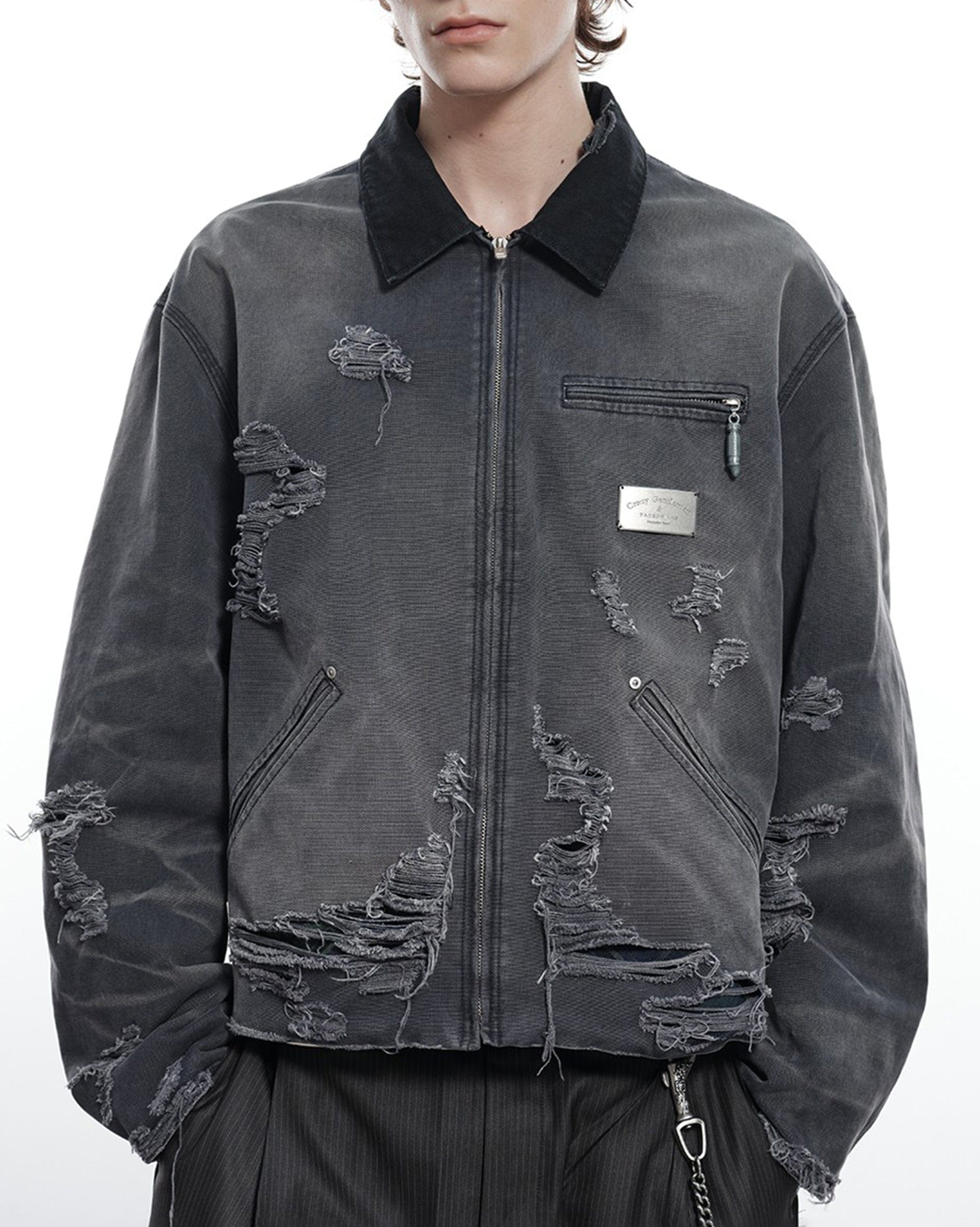 FACEONLAB Raw-Edge Ripped Rivet Metal Emblem Jacket Grey