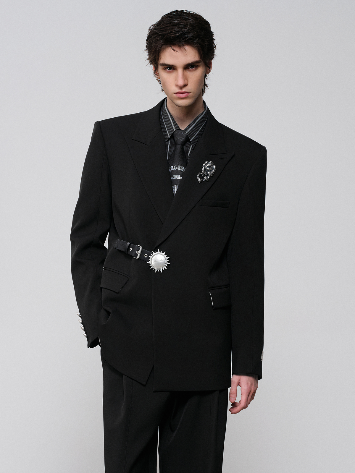 FACEONLAB Rose Brooch Asymmetric Belted Blazer