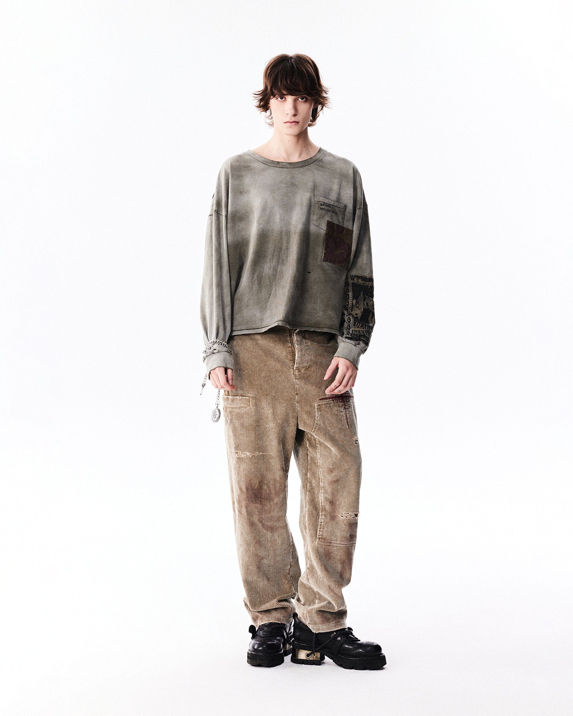 RICHILL Patchwork Ripped Washed Long-Sleeve Tee